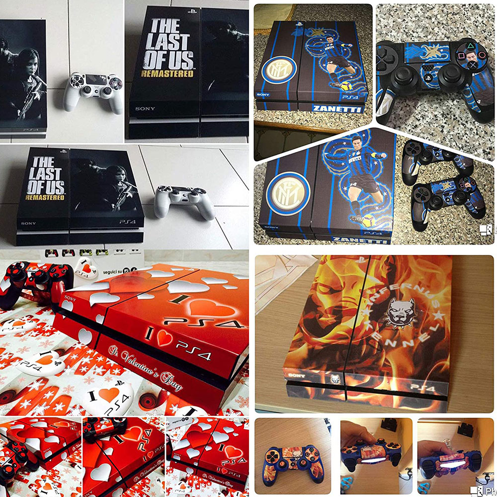 Verschiedene PS4-Konsolen und -Controller, einige angepasst. Themen sind 'The Last of Us', Valentinstag und Inter Mailand Zanetti.