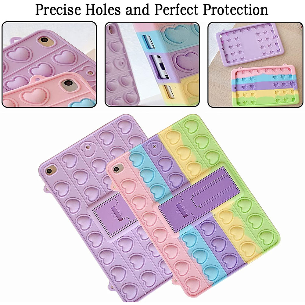 Das Bild zeigt farbenfrohe Tablet-Hüllen mit Herzformen, die verschiedene Farben und Designs zeigen, darunter Rosa, Lila und Regenbogenmuster.