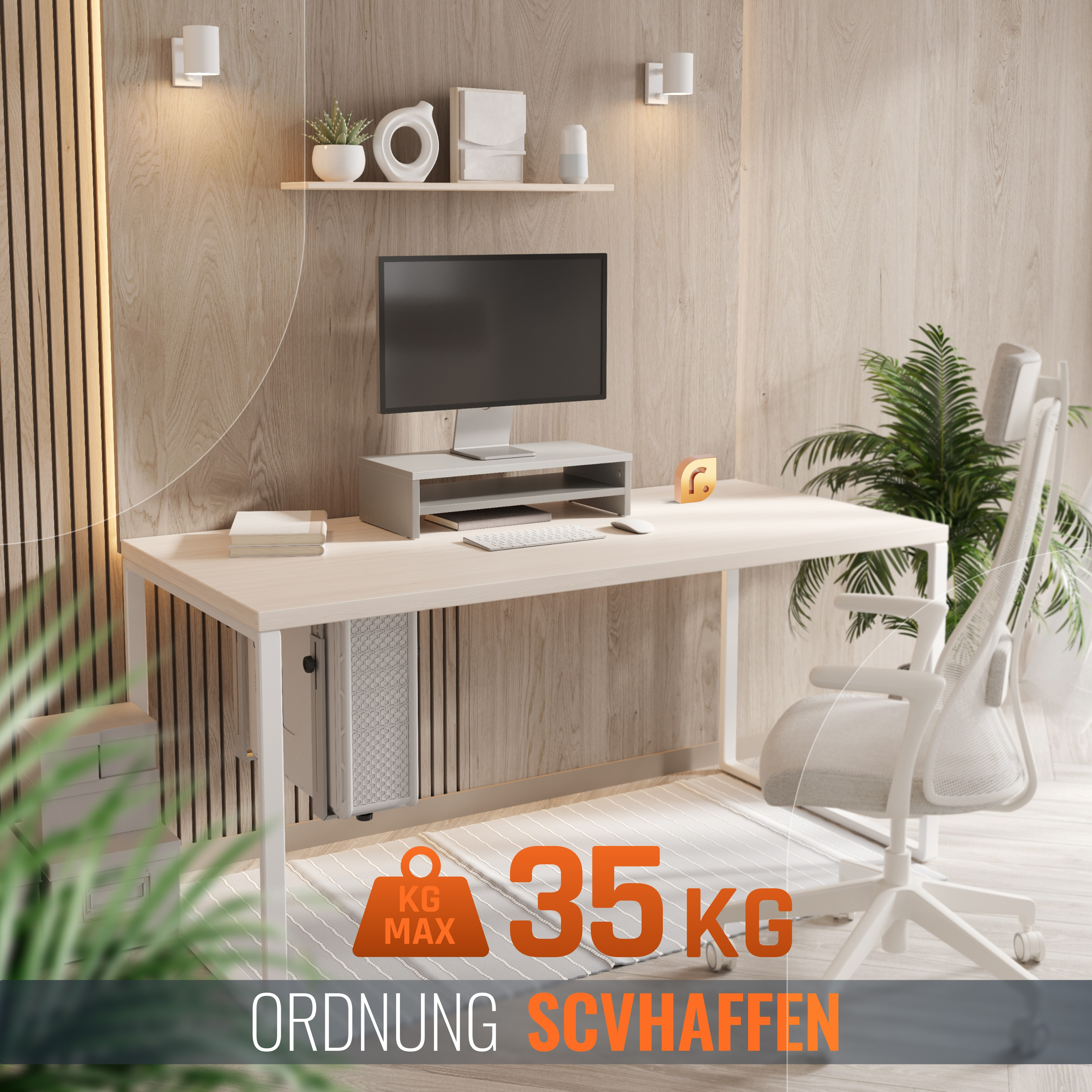 Moderne Büroeinrichtung mit Schreibtisch, Computer und Stuhl. Der Hintergrund zeigt Holzpaneele und Regale.