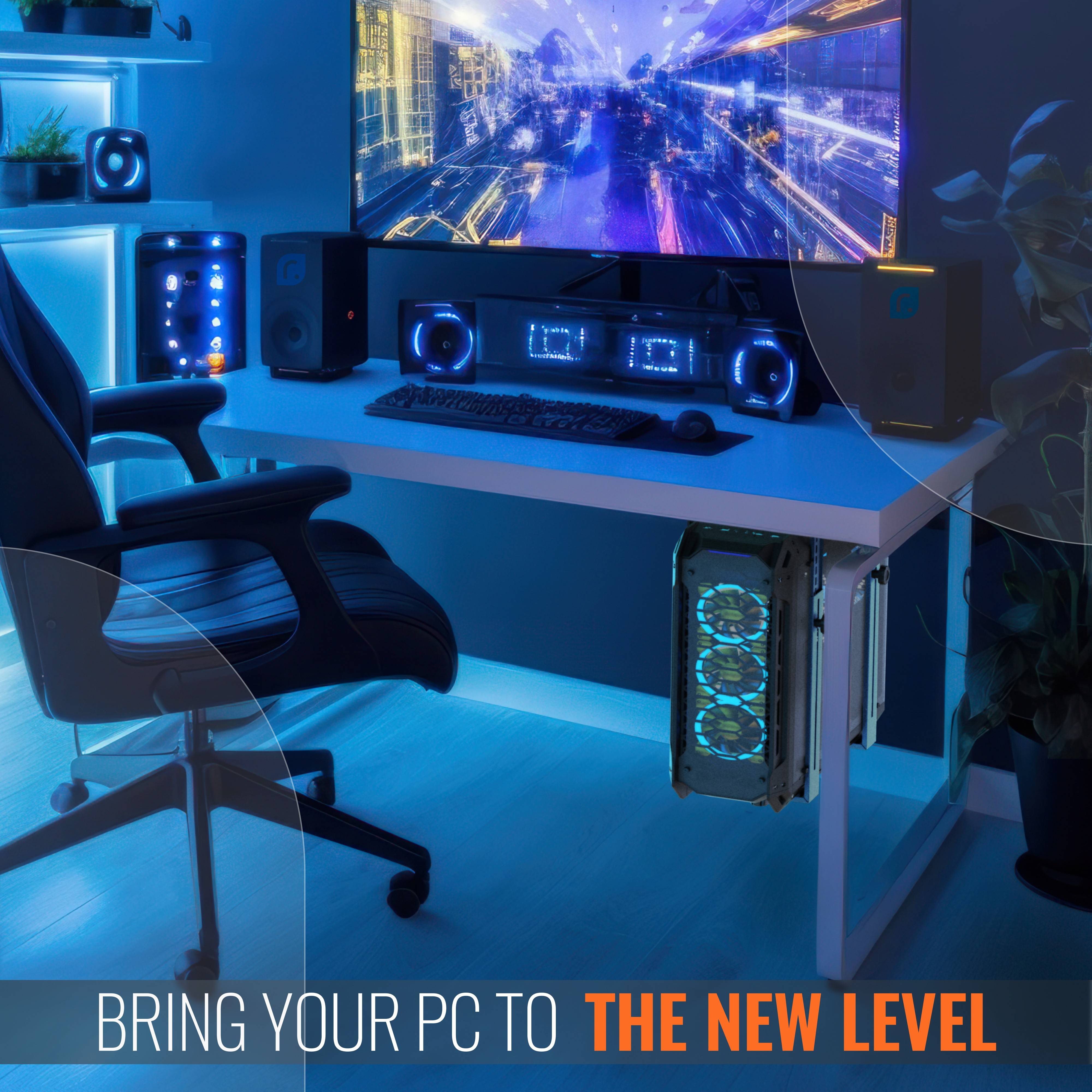 Ein Gaming-Setup mit PC, Monitor, Lautsprechern und einem Gaming-Stuhl, beleuchtet mit blauem Licht.