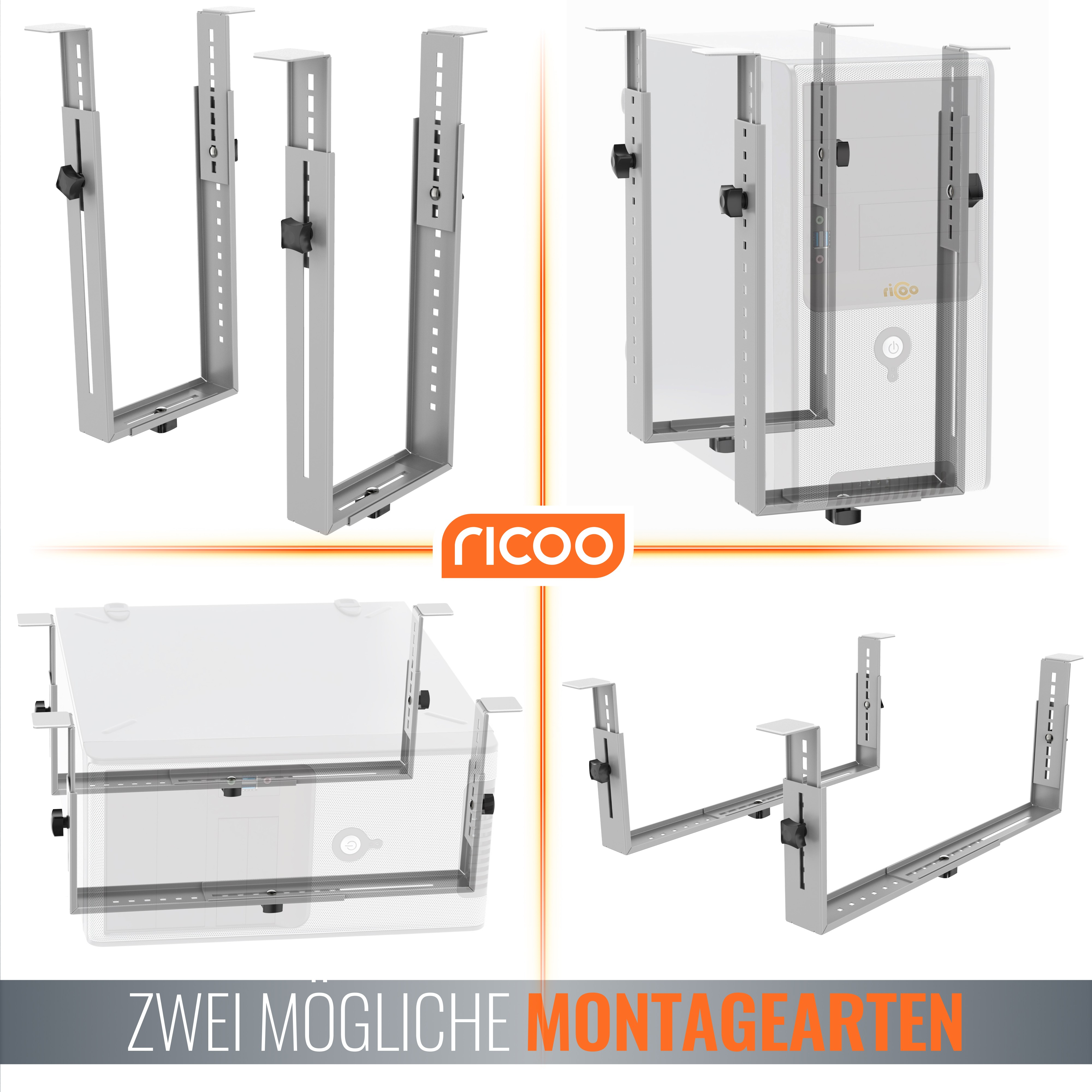 Vier Ansichten von silbernen Computerhalterungen. Das Logo 'ricoo' ist orange. Text: 'ZWEI MÖGLICHE MONTAGEARTEN'.