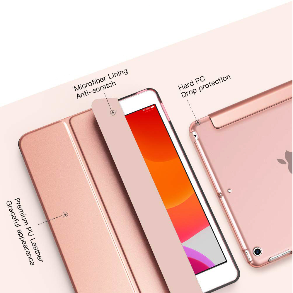 Ein rosa iPad in einer rosa Hülle ist geöffnet. Die Hülle ist mit Merkmalen wie Mikrofaserfutter, hartem PC und Premium-PU-Leder versehen.