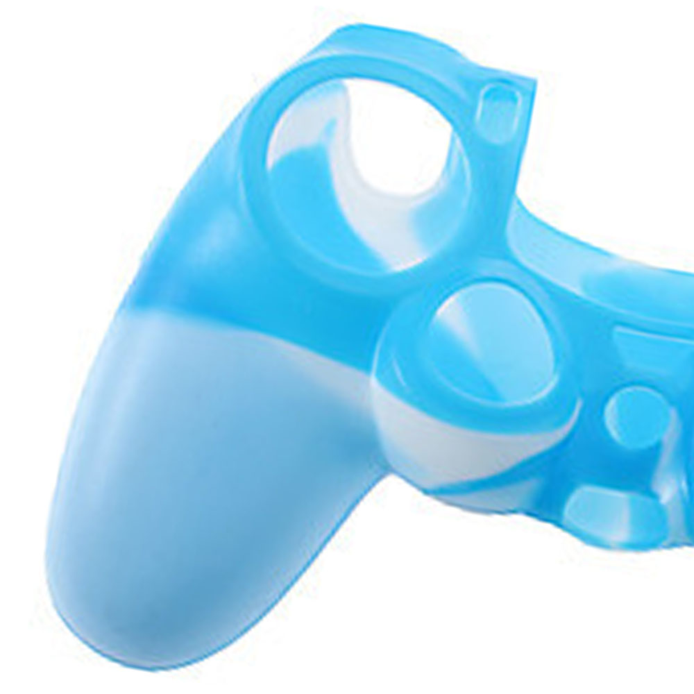 Eine blau-weiße Controller-Abdeckung. Die Abdeckung hat Aussparungen für Knöpfe und Joysticks.