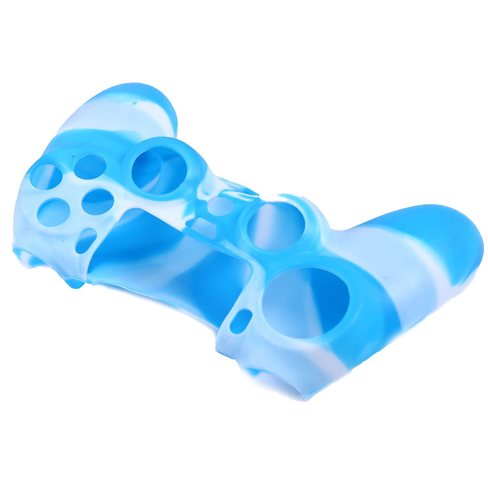 Eine blau-weißes Silikon-Controller-Hülle. Es hat mehrere Löcher und befindet sich auf weißem Hintergrund.
