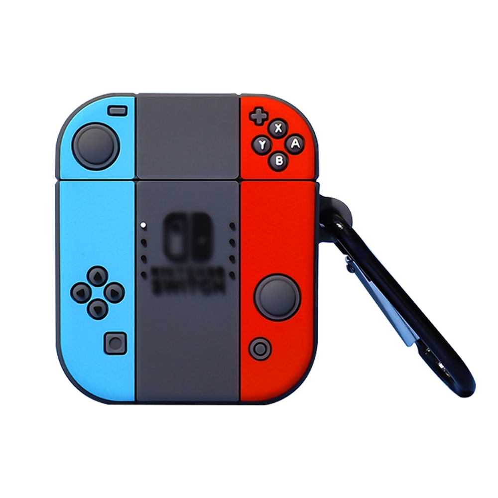 Eine blau-rote Nintendo Switch-AirPod-Hülle mit einem schwarzen Karabinerhaken.