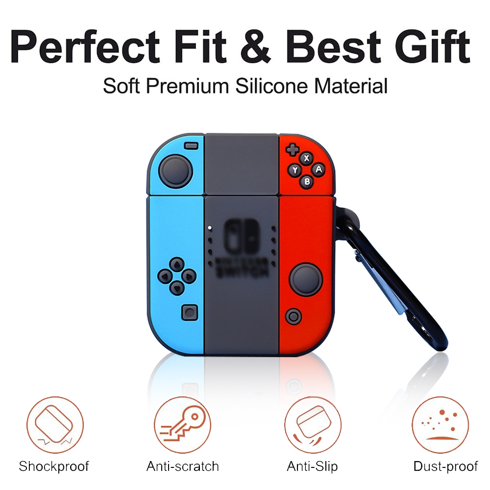 Eine Hülle im Design eines Nintendo Switch-Controllers. Blau und rot mit schwarzen Knöpfen und einem schwarzen Karabiner. Text: 'Perfect Fit & Best Gift'.