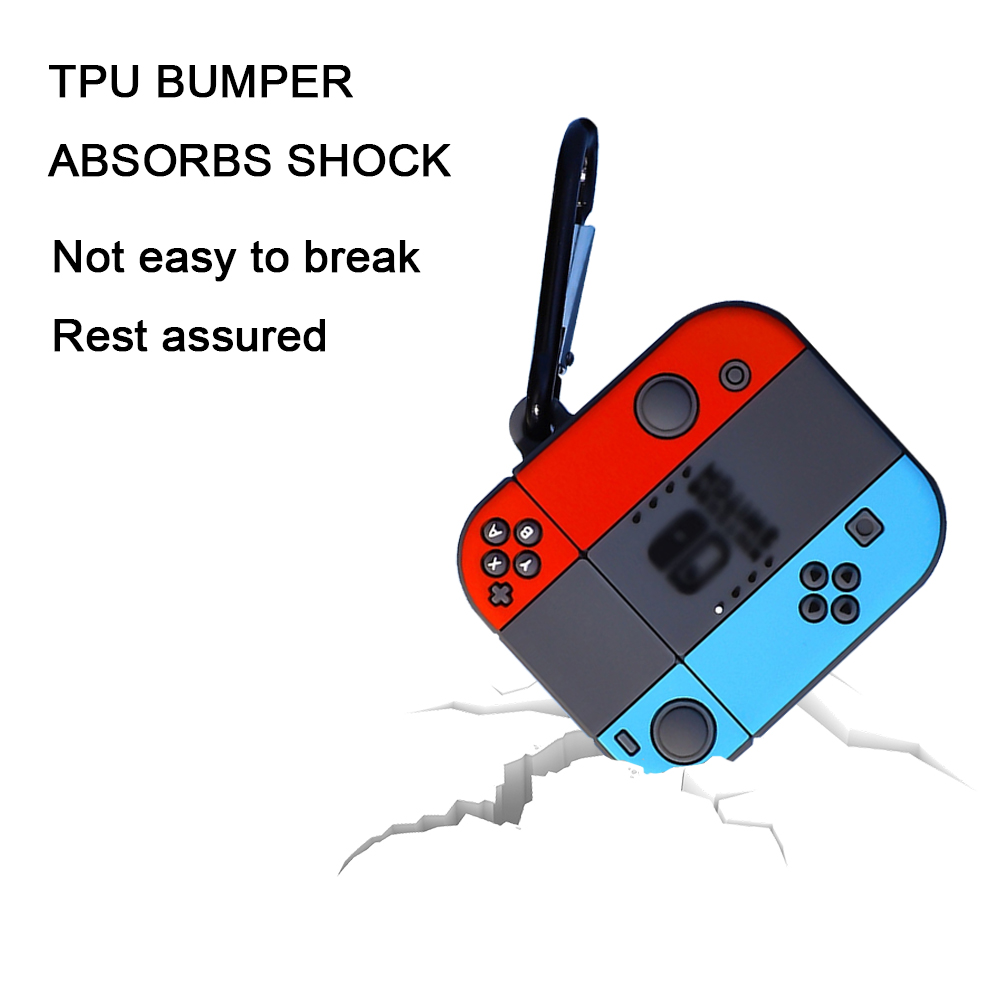 Eine rot, grau und blaue Nintendo Switch-Hülle mit Karabinerhaken, darunter Risse im Boden und Textüberlagerung.