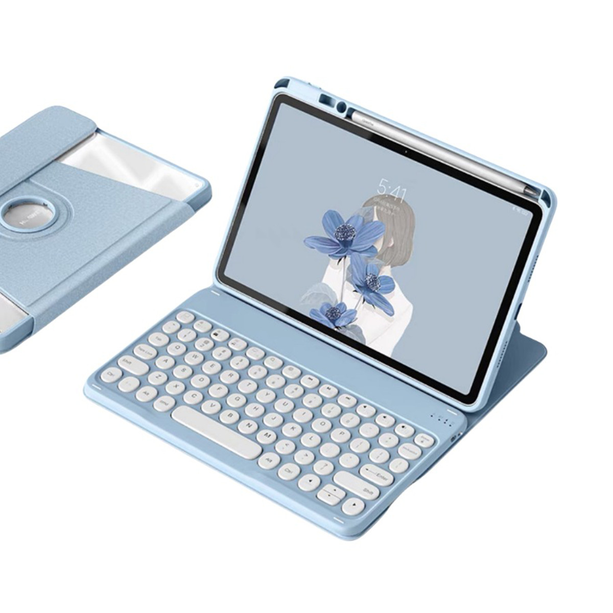 Ein hellblaues Tablet mit Tastatur und Stift. Der Bildschirm zeigt ein Blumendesign. Eine weitere Hülle ist links zu sehen.