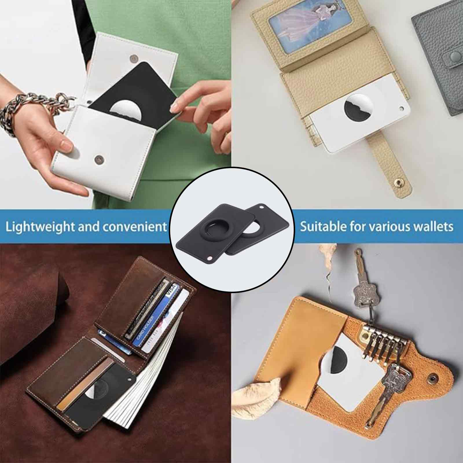 Das Bild zeigt Geldbörsen und Schlüsselanhänger mit Ortungsgeräten. Eine Person hält eine weiße Brieftasche. Geräte sind schwarz und weiß.