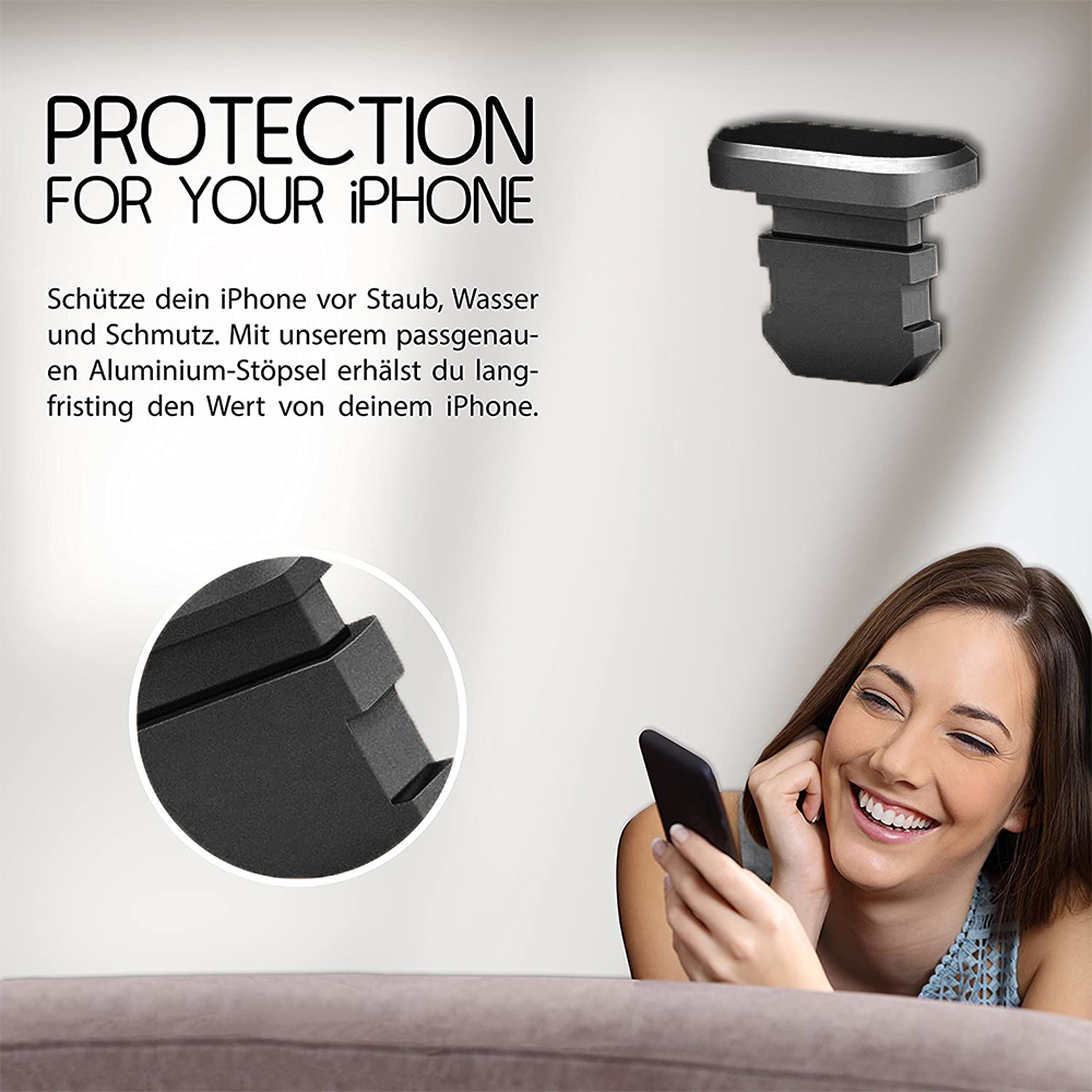 Eine lächelnde Frau hält ein Telefon. Text: 'PROTECTION FOR YOUR IPHONE'. Nahaufnahme eines schwarzen Steckers in der Ecke.