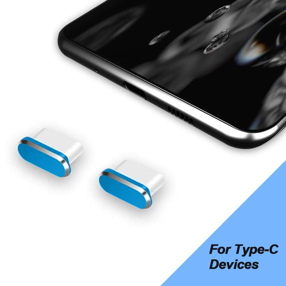 Zwei weiße und blaue Type-C-Anschlüsse neben einem schwarzen Telefon. Text unten: Für Type-C-Geräte.