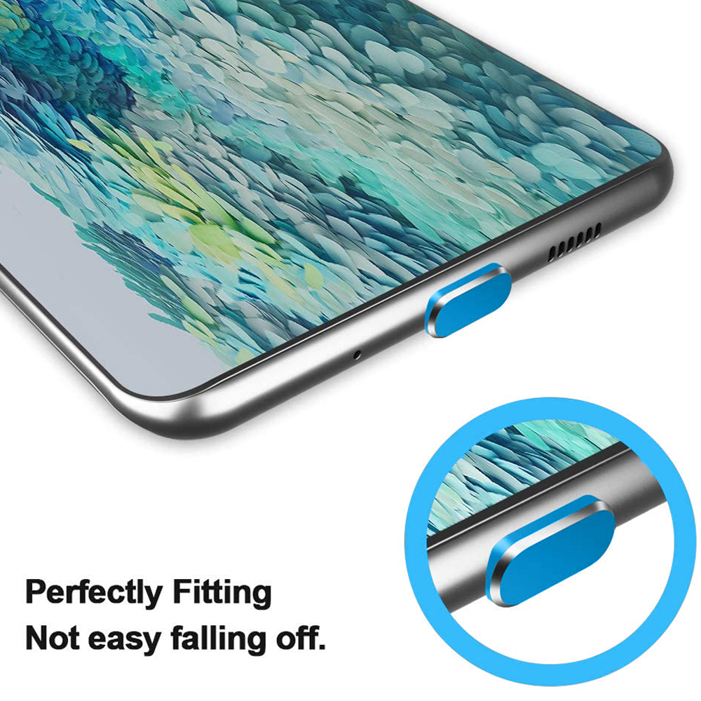 Ein Telefon mit blauem Knopf und gemustertem Rücken wird gezeigt. Ein Kreis hebt den Knopf hervor. Text: Perfekt passend, nicht leicht abzufallen.