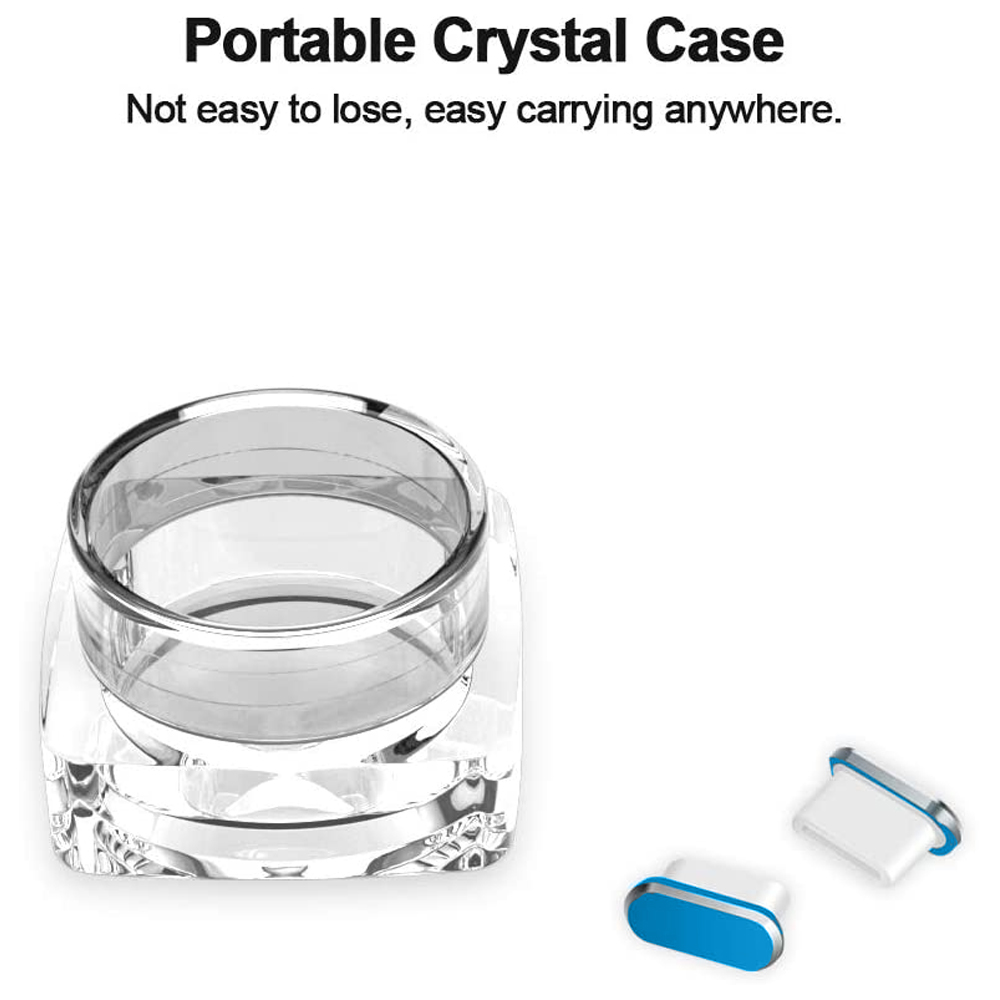 Ein transparenter Kristallbehälter mit zwei kleinen weiß-blauen Accessoires. Der Text oben lautet 'Portable Crystal Case'.