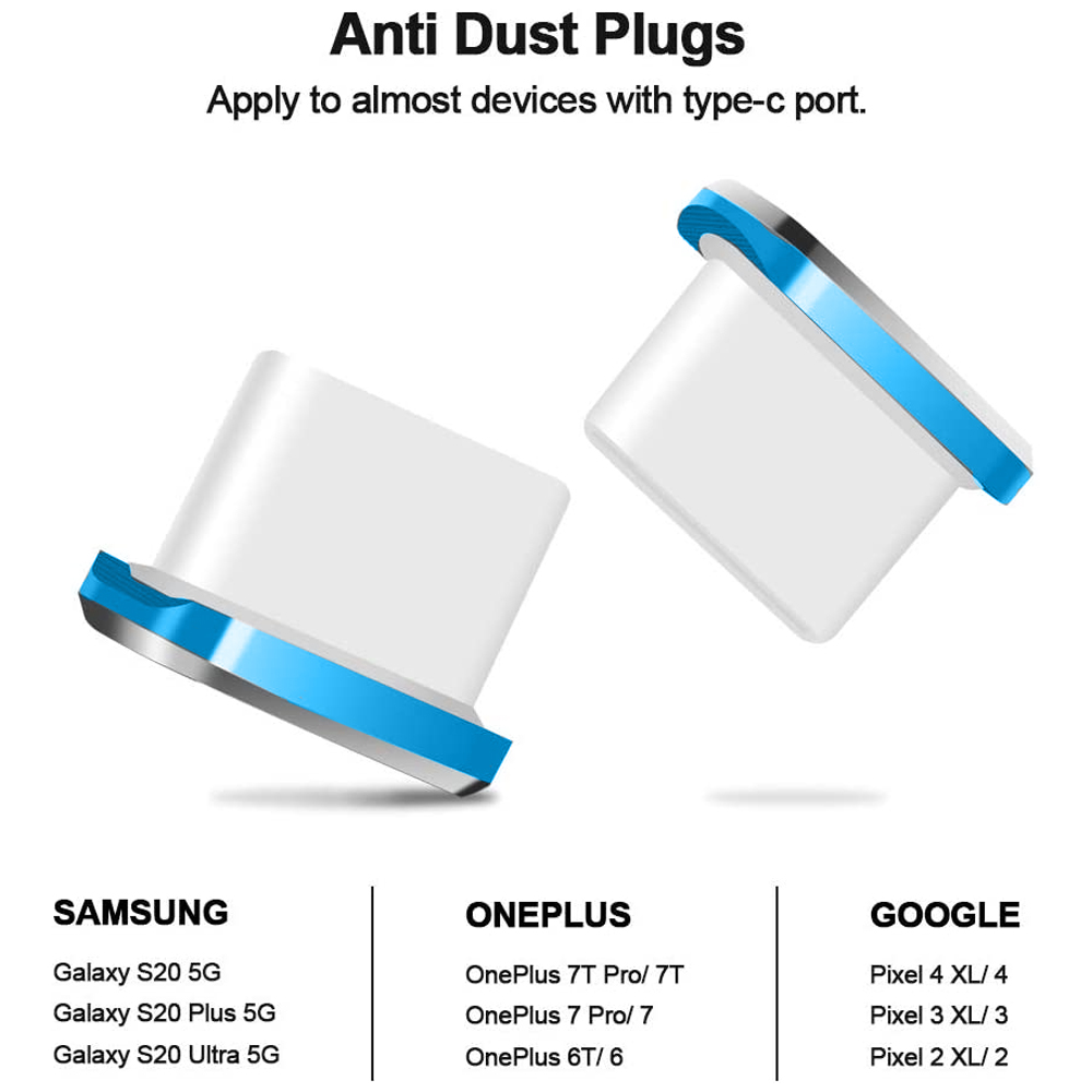 Zwei weiße Anti-Staub-Stecker mit blauen Akzenten. Listet Telefone: Samsung, OnePlus und Google. Text: 'Anti Dust Plugs'.