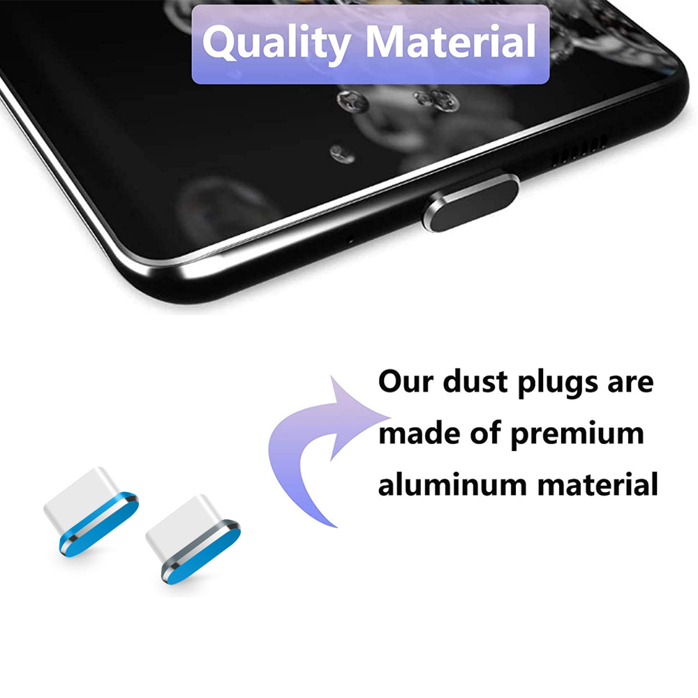 Das Bild zeigt den Rand eines Telefons und Staubstopfen. Text: 'Qualitätsmaterial'. Stopfen bestehen aus hochwertigem Aluminium.