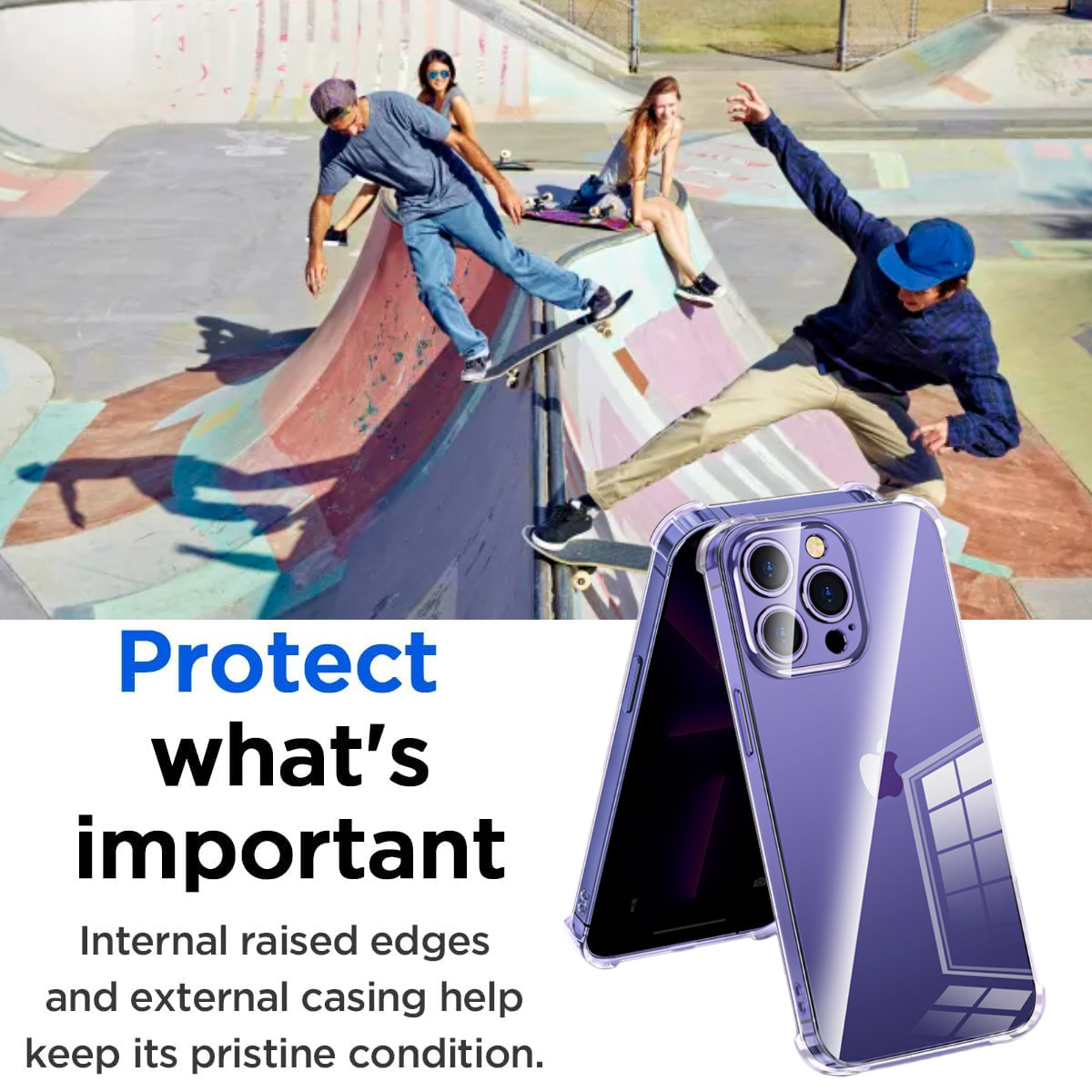 Skater in einem Skatepark, einer springt. Handyhülle im Vordergrund mit dem Text Protect what's important.