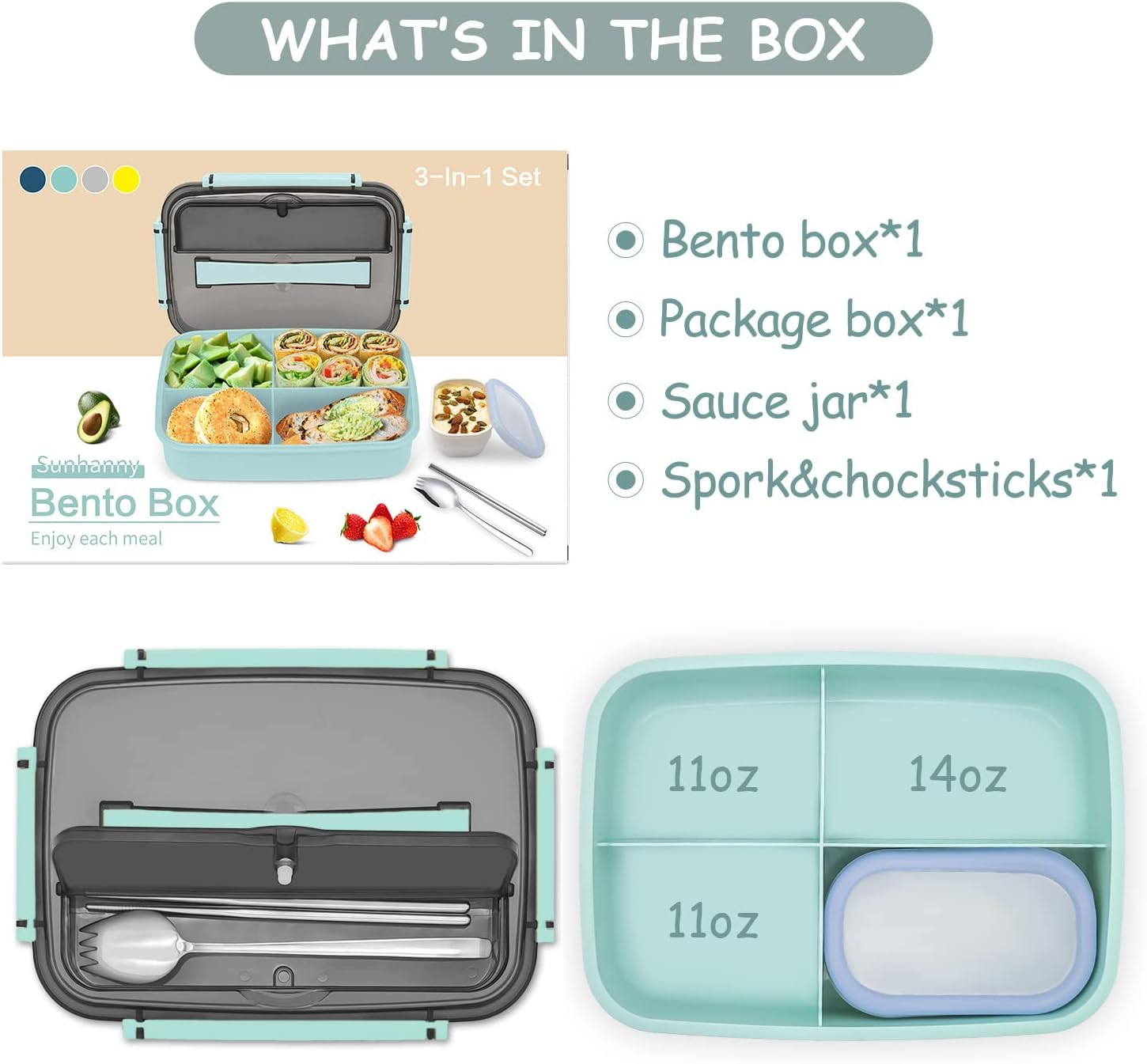 Ein Bento-Box-Set mit Lebensmitteln, einem Saucenglas und Utensilien. Enthält eine Bento-Box, eine Paketbox, ein Saucenglas und Spork & Essstäbchen.