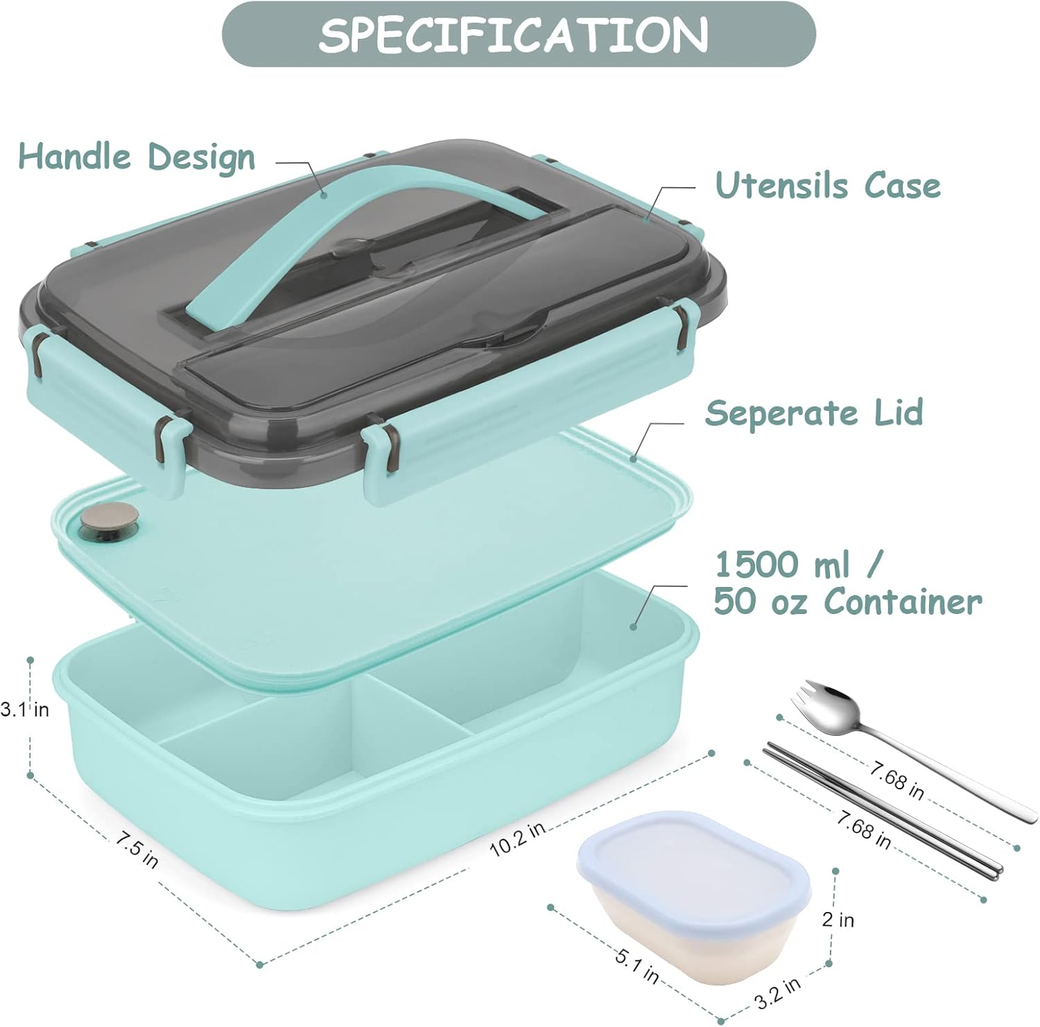 Eine offene Lunchbox mit separatem Deckel, Behälter, Utensilienetui und kleinem Behälter. Abmessungen sind angegeben.