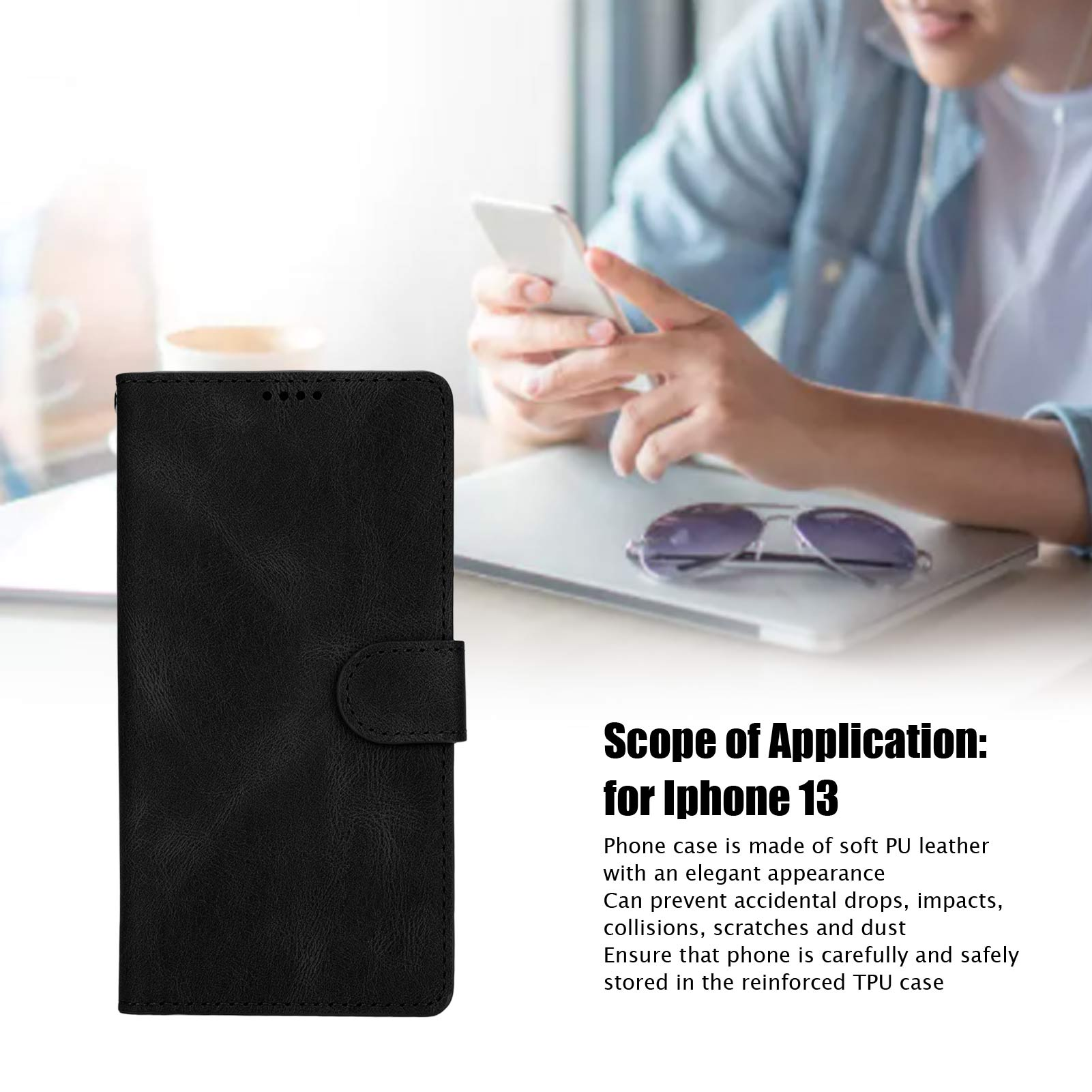 Schwarze Handyhülle mit Knopf. Eine Person hält ein Telefon. Text: Anwendungsbereich: für Iphone 13.