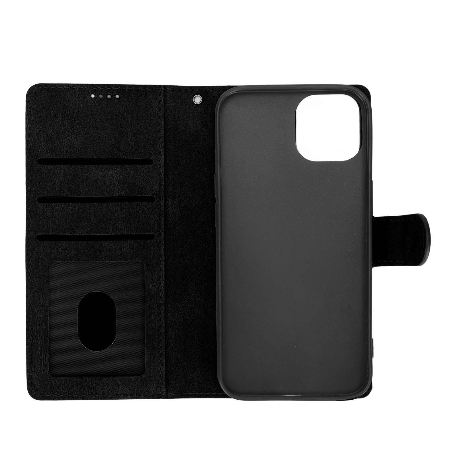 Schwarze offene Handyhülle mit leerem Handyhalter und Kartenfächern auf weißem Hintergrund.