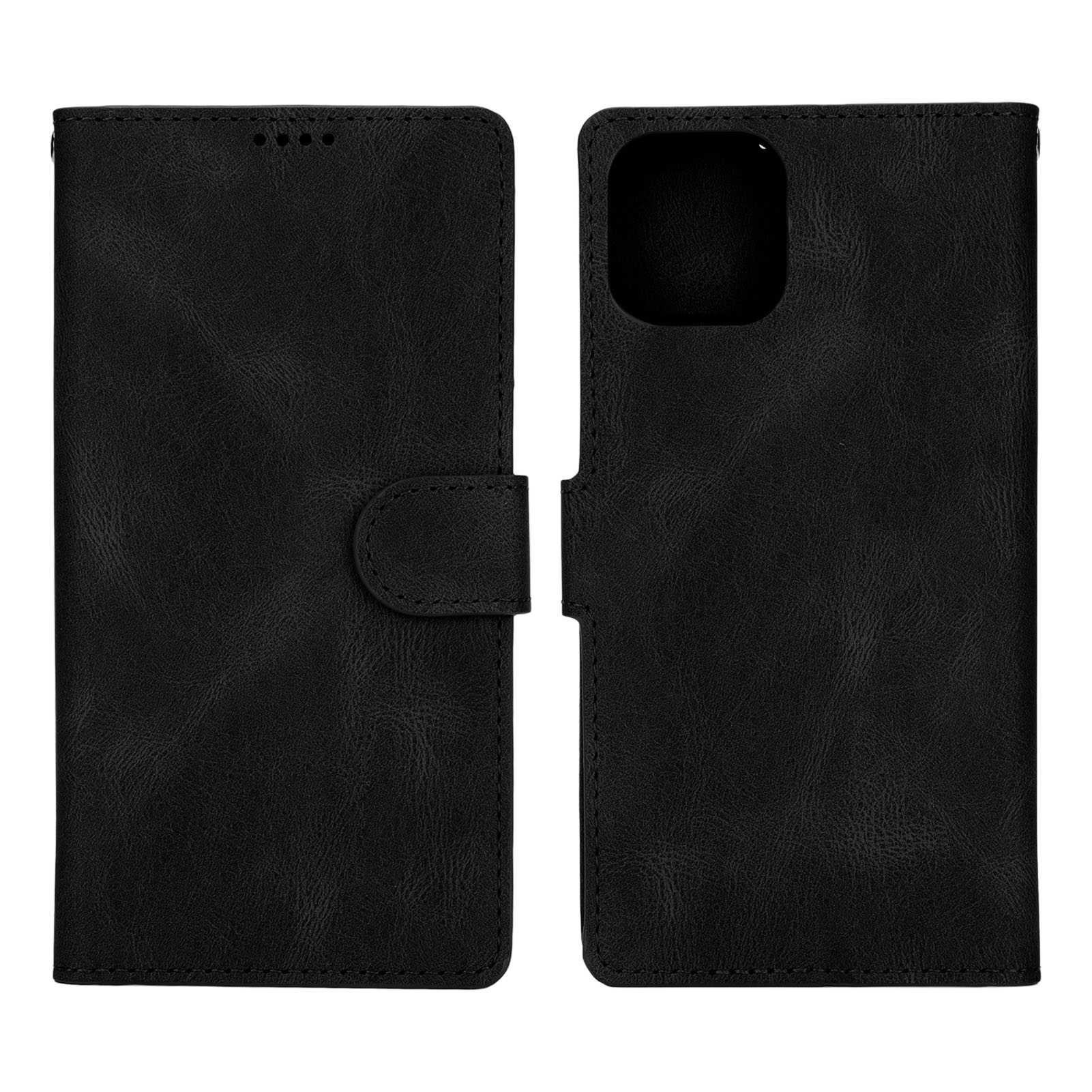 Schwarze Leder-Handyhülle, geöffnet, um den Telefonhalter und Kartenfächer zu zeigen, mit Magnetverschluss.