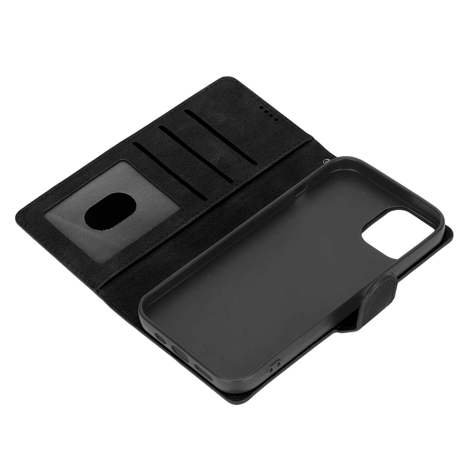 Geöffnete schwarze Handyhülle mit Kartenfächern. Die Handyhülle hält ein schwarzes Telefon. Weißer Hintergrund.