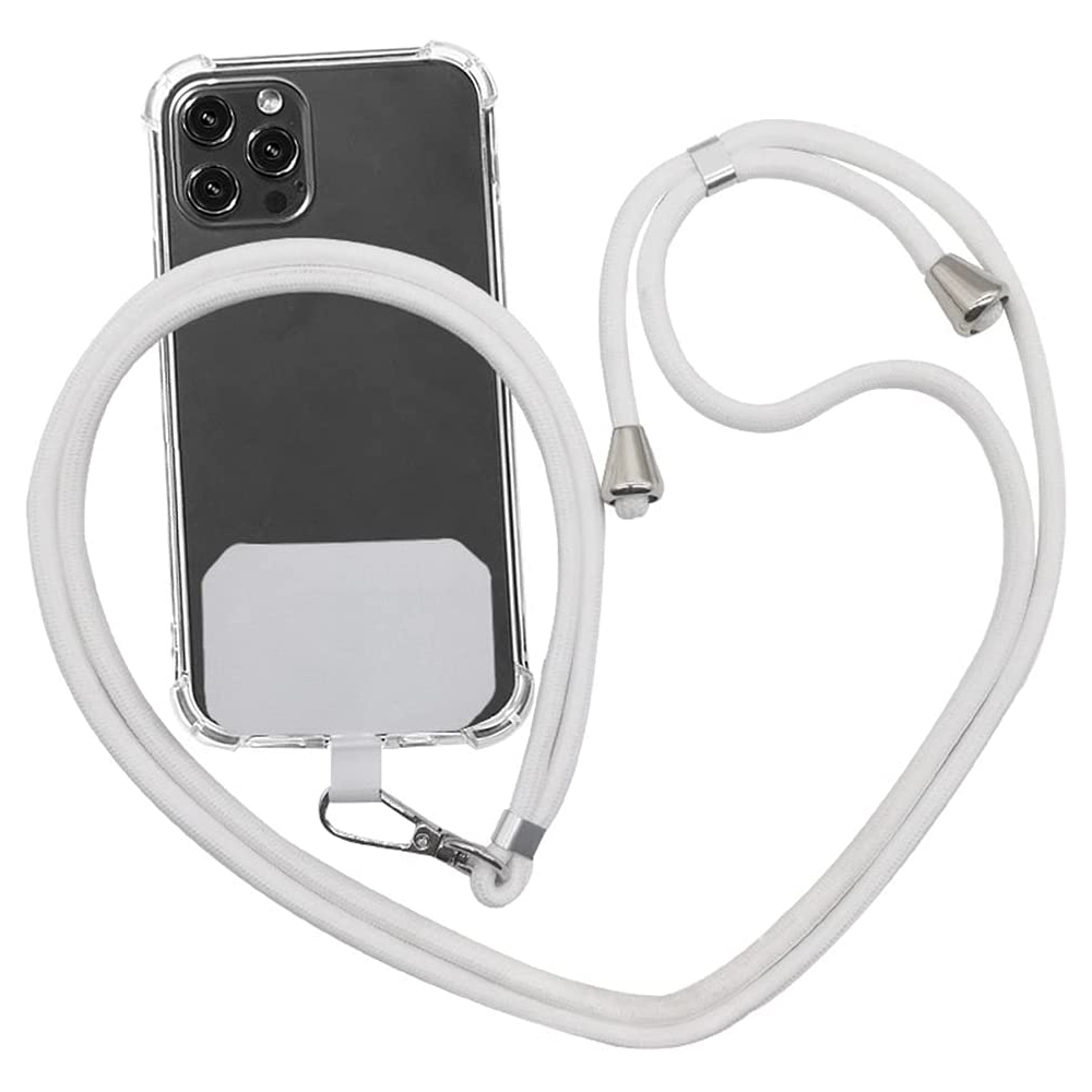 Ein Smartphone in einer transparenten Hülle mit einem weißen Umhängeband. Das Telefon hat einen schwarzen Bildschirm.