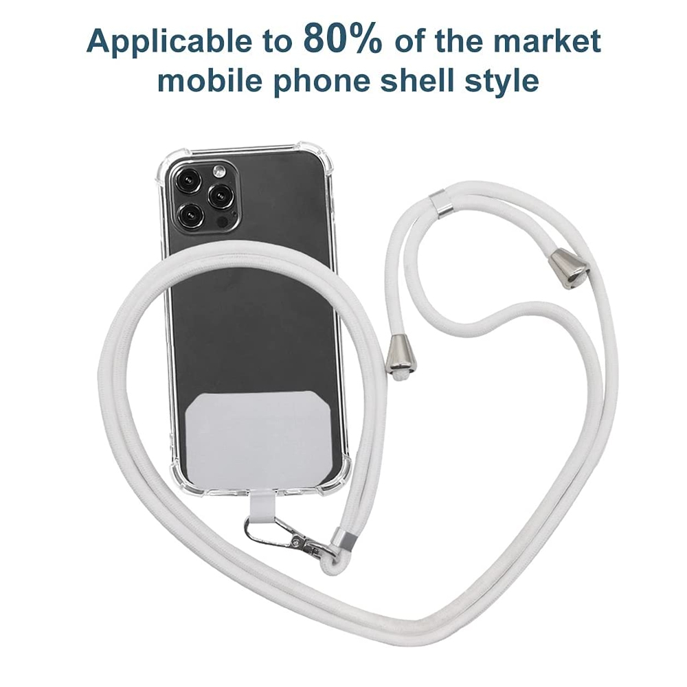Ein Mobiltelefon mit transparentem Gehäuse und weißem Umhängeband. Das Telefon ist schwarz. Oben steht 'Applicable to 80% of the market'.