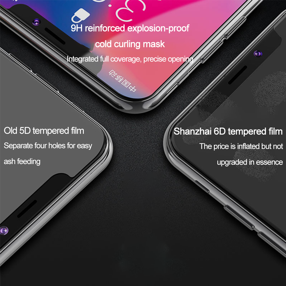 Drei Handy-Displayschutzfolien mit Textetiketten: 9H explosionsgeschützt, Old 5D und Shanzhai 6D. Der Hintergrund ist dunkel.
