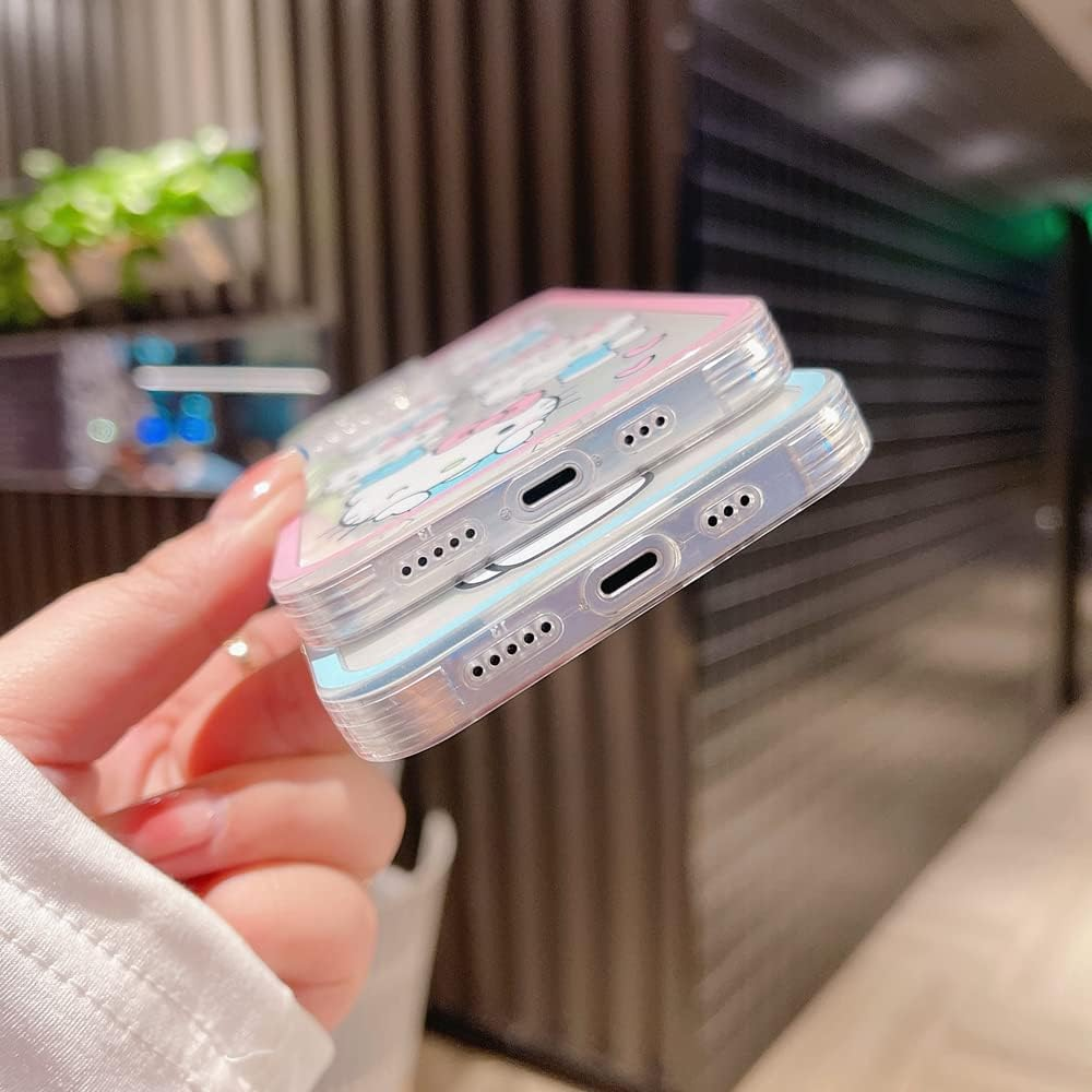 Zwei Telefonhüllen gestapelt. Die obere Hülle hat ein rosa-weißes Hello Kitty-Design. Die untere hat hellblau. Hand hält die Hüllen.