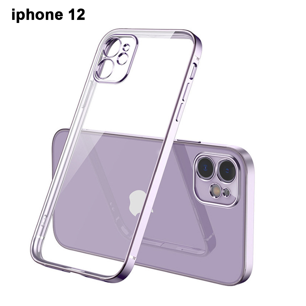 Bild des iPhone 12 mit einer transparenten Schutzhülle. Das Telefon ist lila. Die Hülle ist transparent mit silbernem Rahmen.