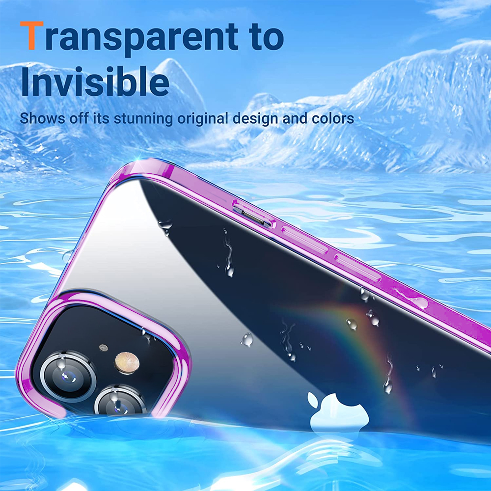 Eine Handyhülle mit lila Rahmen liegt im Wasser. Der Text lautet 'Transparent to Invisible'. Der Hintergrund zeigt einen Berg und Wasser.