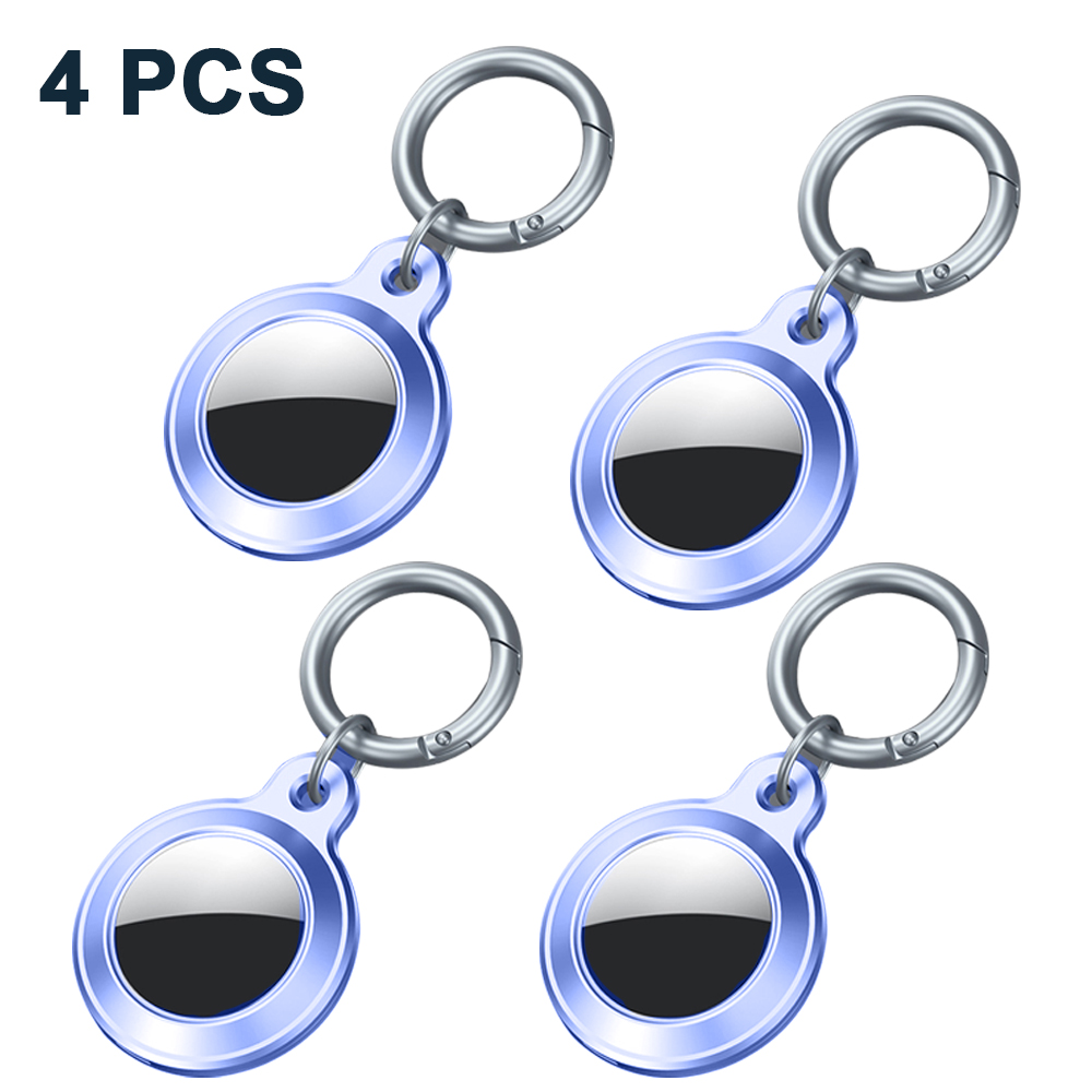 Vier blaue Schlüsselanhänger mit silbernen Ringen und schwarzen Zentren, beschriftet mit '4 PCS'.