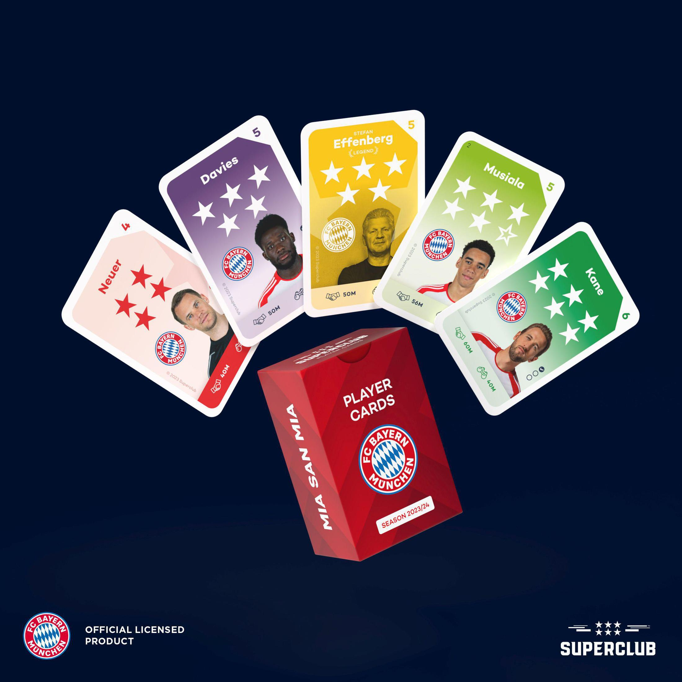 Bayern München Spielerkarten mit Spielerbildern, Sternen und einer Kartenbox. Spieler sind Neuer, Davies, Effenberg, Musiala und Kane.