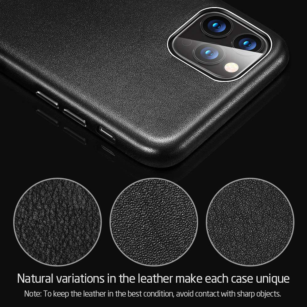 Nahaufnahme einer schwarzen Leder-Handyhülle mit Kamera. Drei Ledertexturen unten. Text: Natürliche Variationen machen jede Hülle einzigartig.