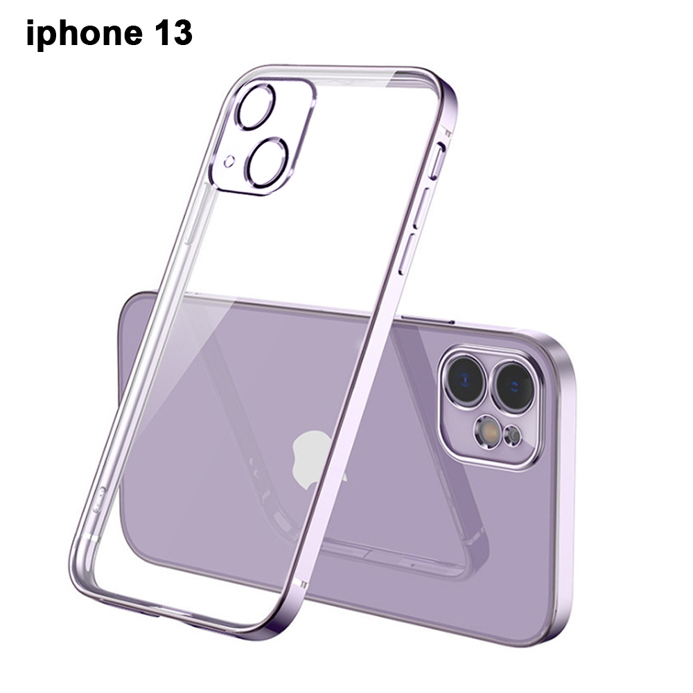 Zwei iPhone 13 Hüllen, eine stehend, eine flach. Beide lila. Transparente Hülle mit lila Kanten.