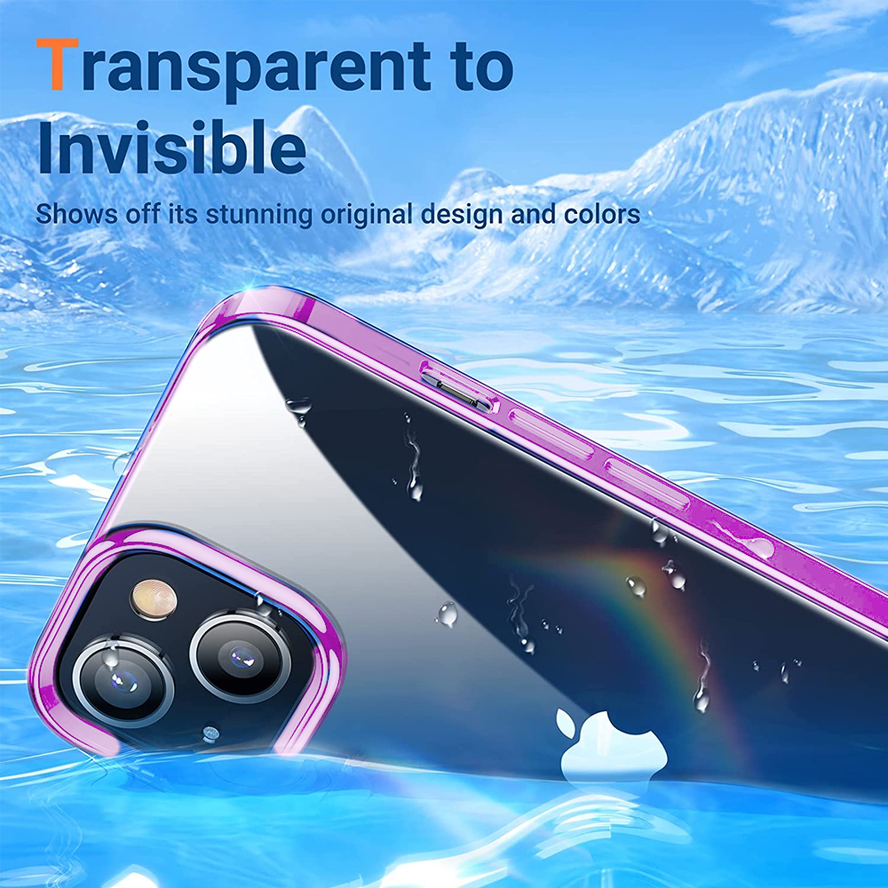 Eine Handyhülle im Wasser. Sie hat einen lila Rahmen und ist transparent. Der Hintergrund zeigt Wasser und einen Eisberg.