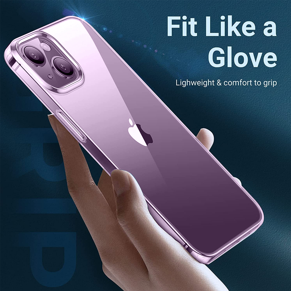 Eine Hand, die eine lila Handyhülle hält. Text sagt 'Fit Like a Glove'. Hülle ist klar, zeigt das Telefon. Der Hintergrund ist dunkelblau.