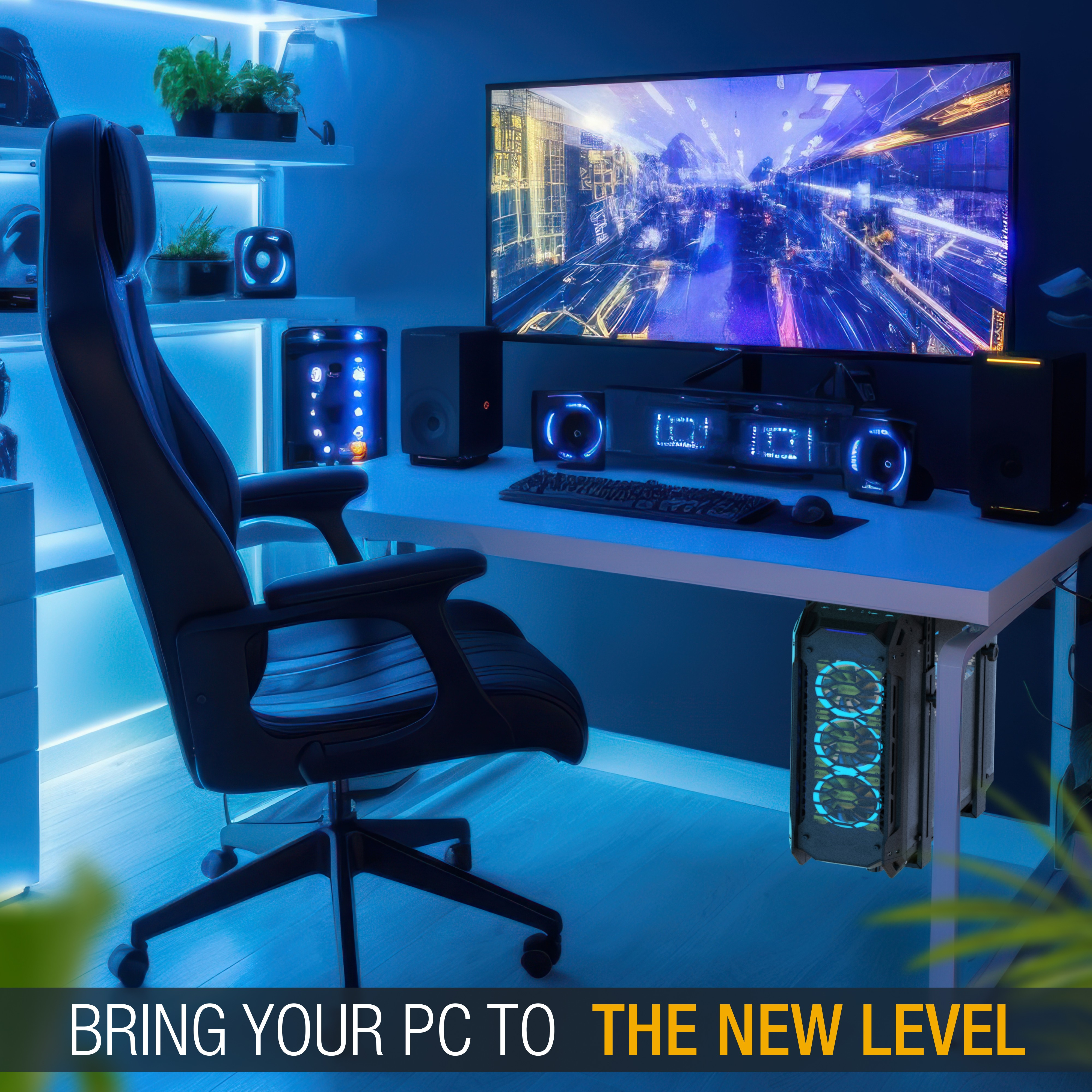 Gaming-Setup mit großem Monitor, Computer, Stuhl und Lautsprechern. Blaue Beleuchtung dominiert die Szene.