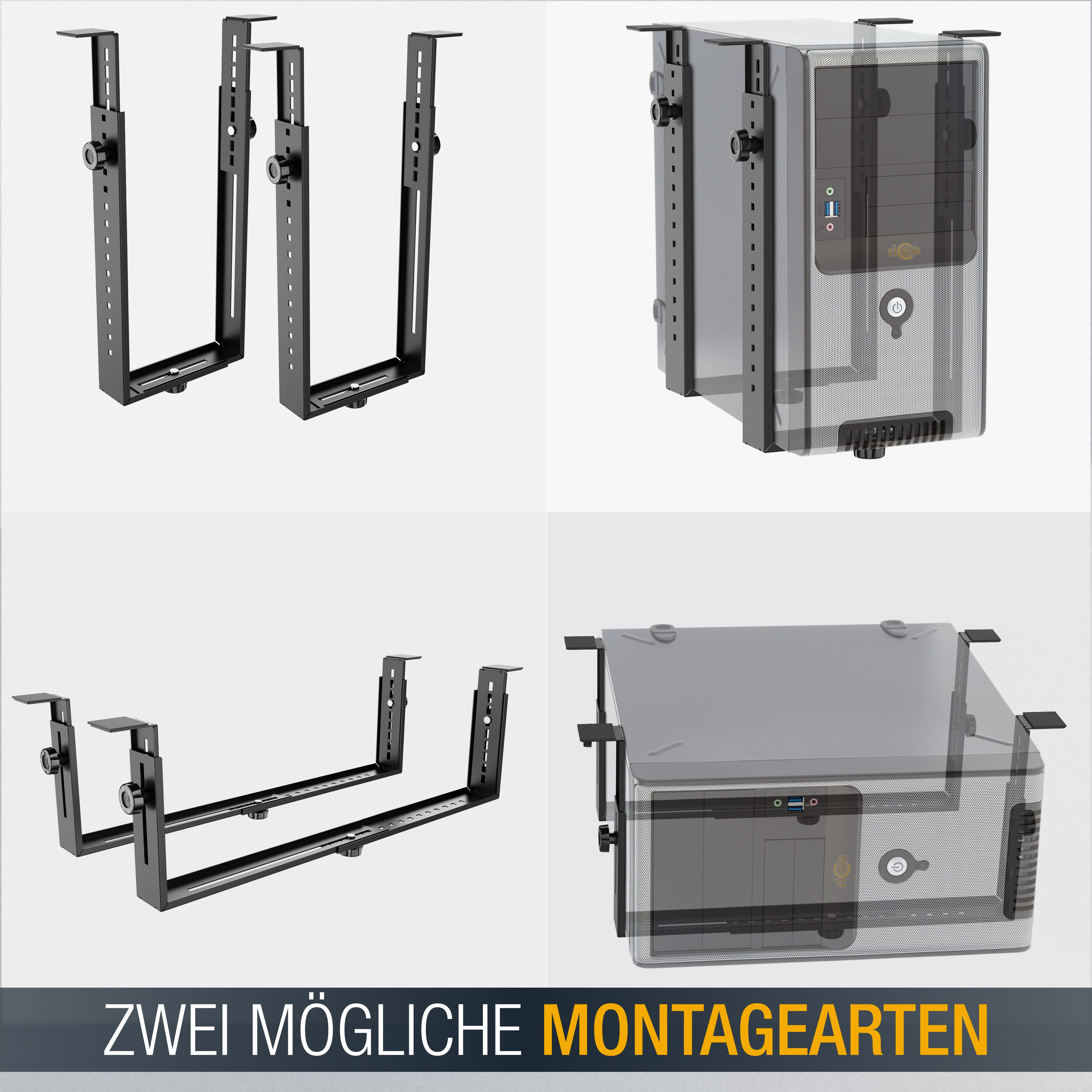 Das Bild zeigt Computer-Montagehalterungen und ein Computergehäuse und zeigt zwei mögliche Montagearten. Text: "Zwei mögliche Montagearten".