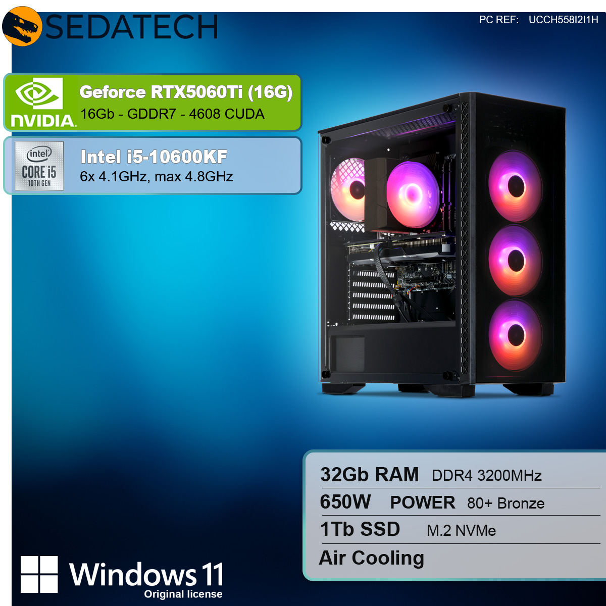 Una torre per computer nera con ventole RGB è in mostra. Le specifiche includono RTX5060Ti, i5-10600KF, 32 GB di RAM, 1 TB SSD e Windows 11.
