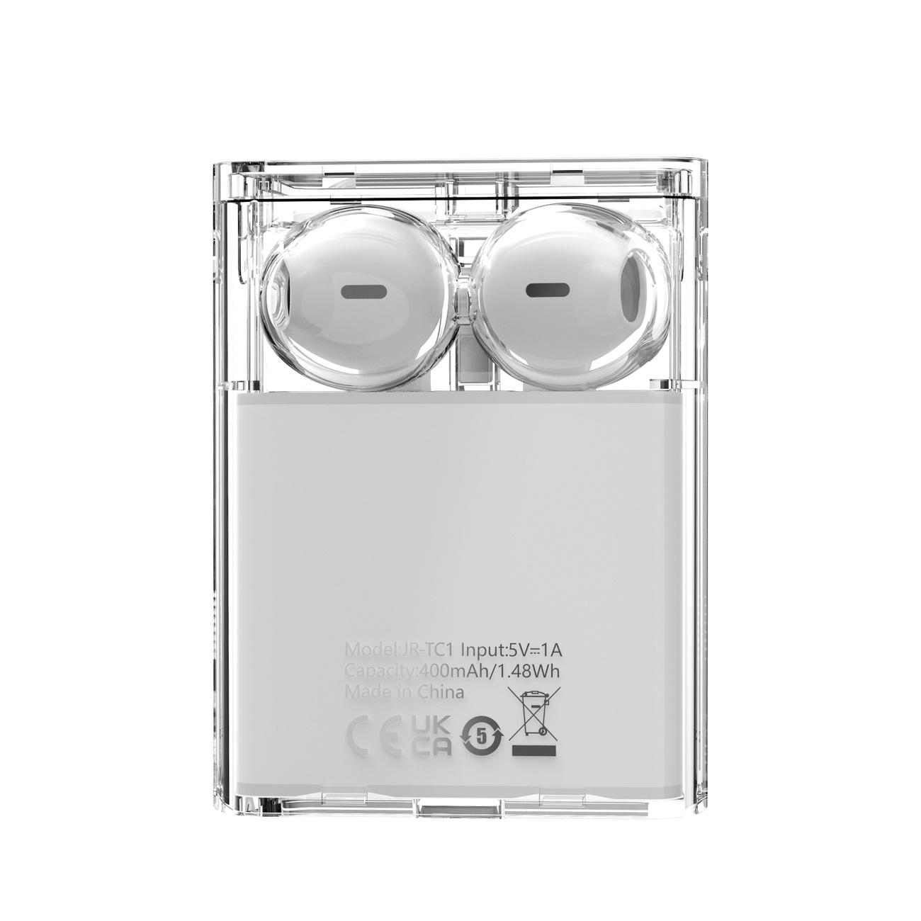 Przezroczyste etui z białymi słuchawkami i białą podstawą ładującą. Tekst na podstawie: model, wejście, pojemność i wyprodukowano w Chinach.