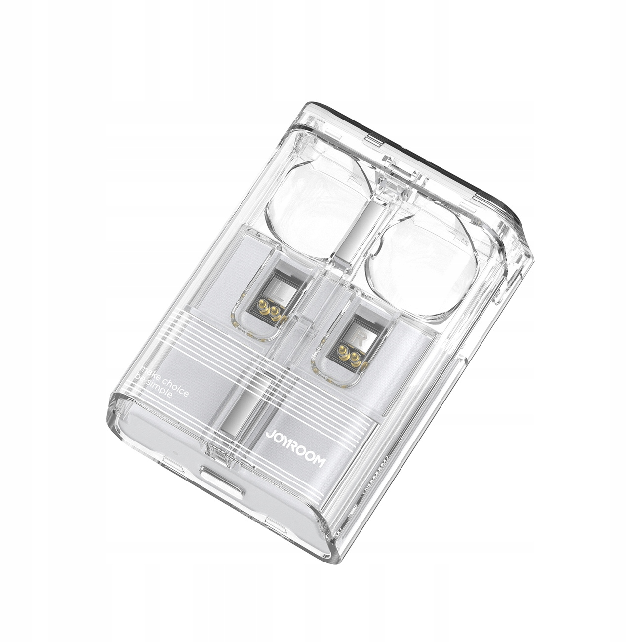 Przezroczysty futerał ładujący słuchawki. Posiada dwa gniazda na słuchawki, wskaźnik ładowania i nazwę marki 'JOYROOM'.