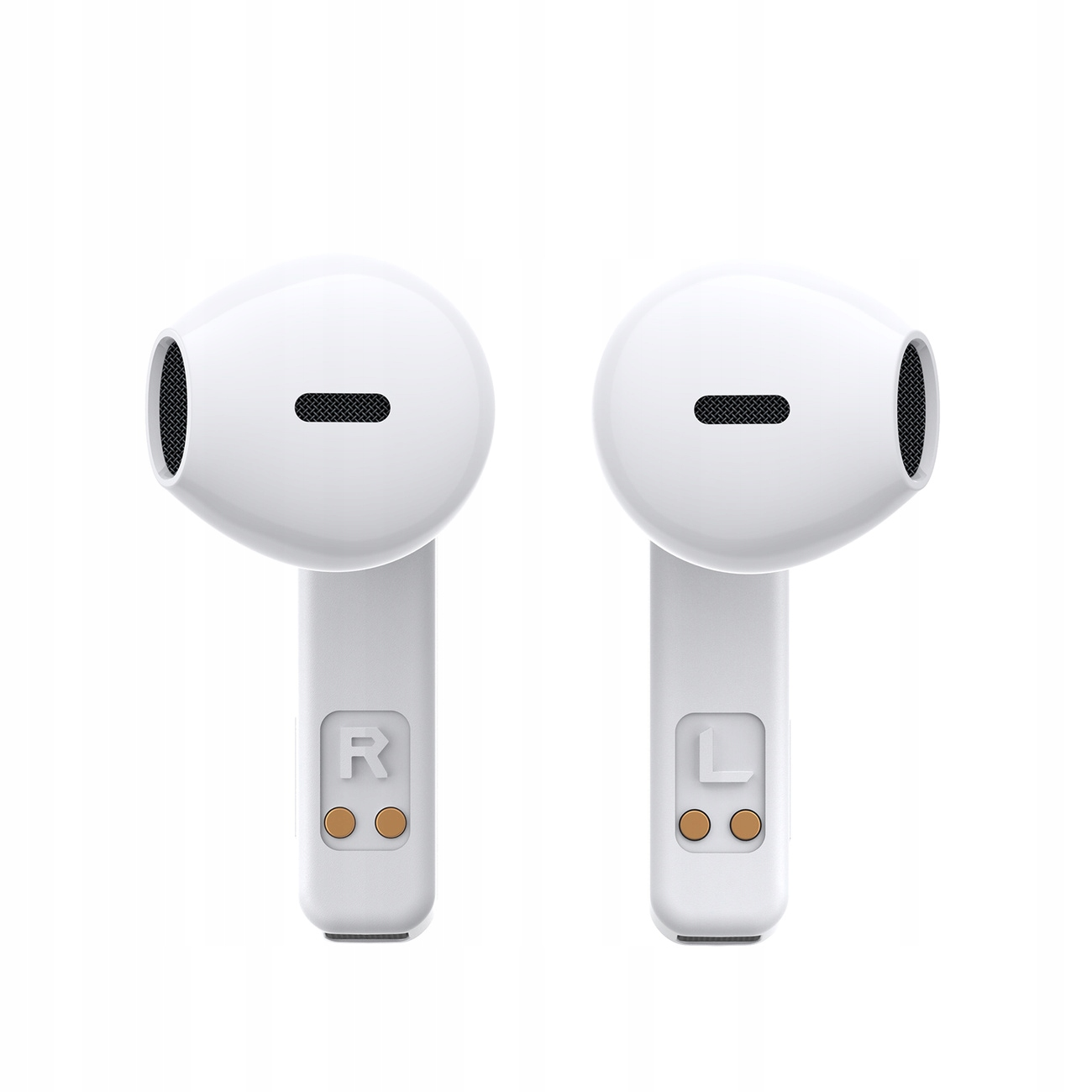 Dwa białe bezprzewodowe słuchawki. Jeden oznaczony 'R', drugi 'L'. Oba mają czarną siatkę i dwa małe złote kropki.