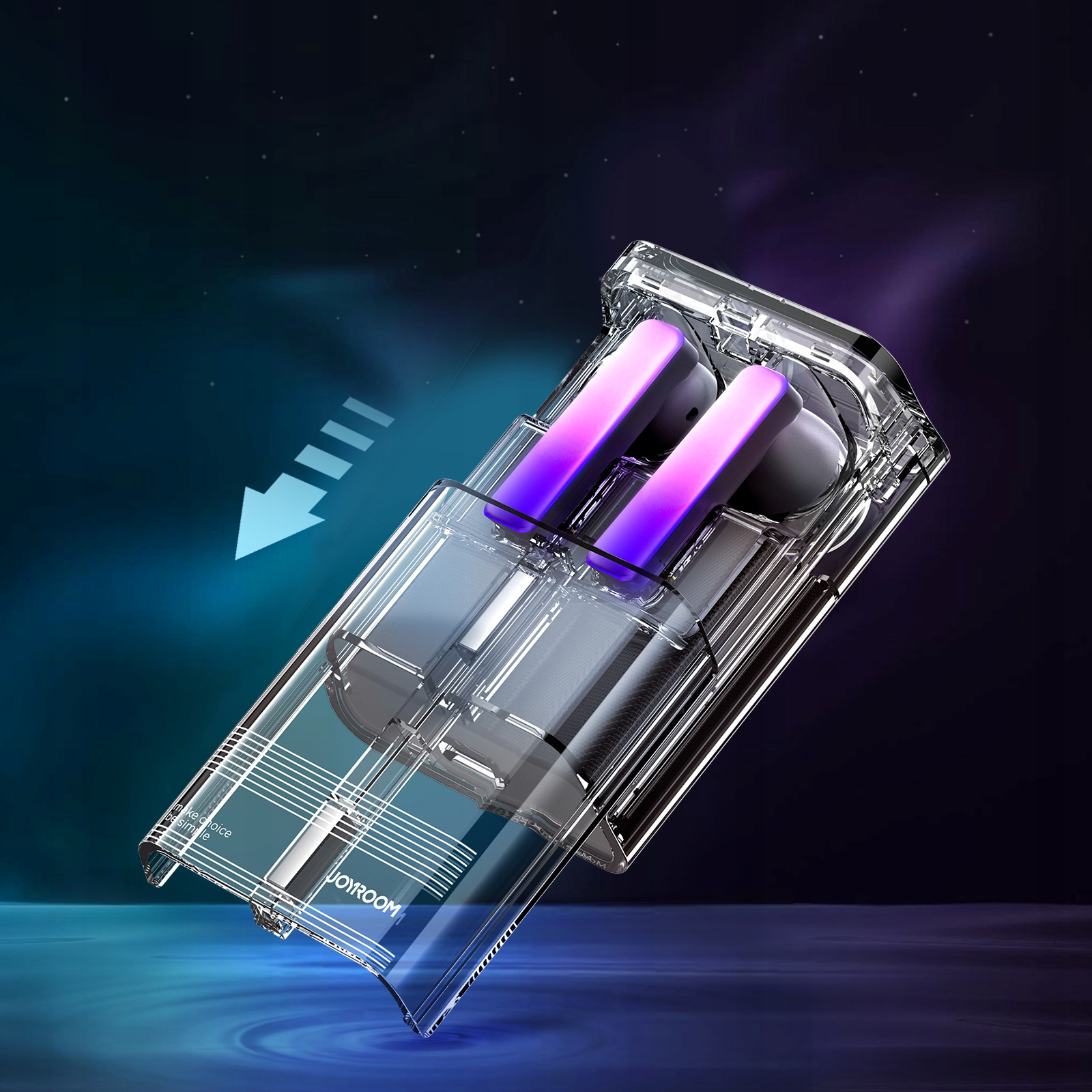 Przezroczyste etui ze słuchawkami, neonowo-fioletowa poświata. Strzałka wskazuje otwarcie. Ciemnoniebieskie tło z odbiciem wody.