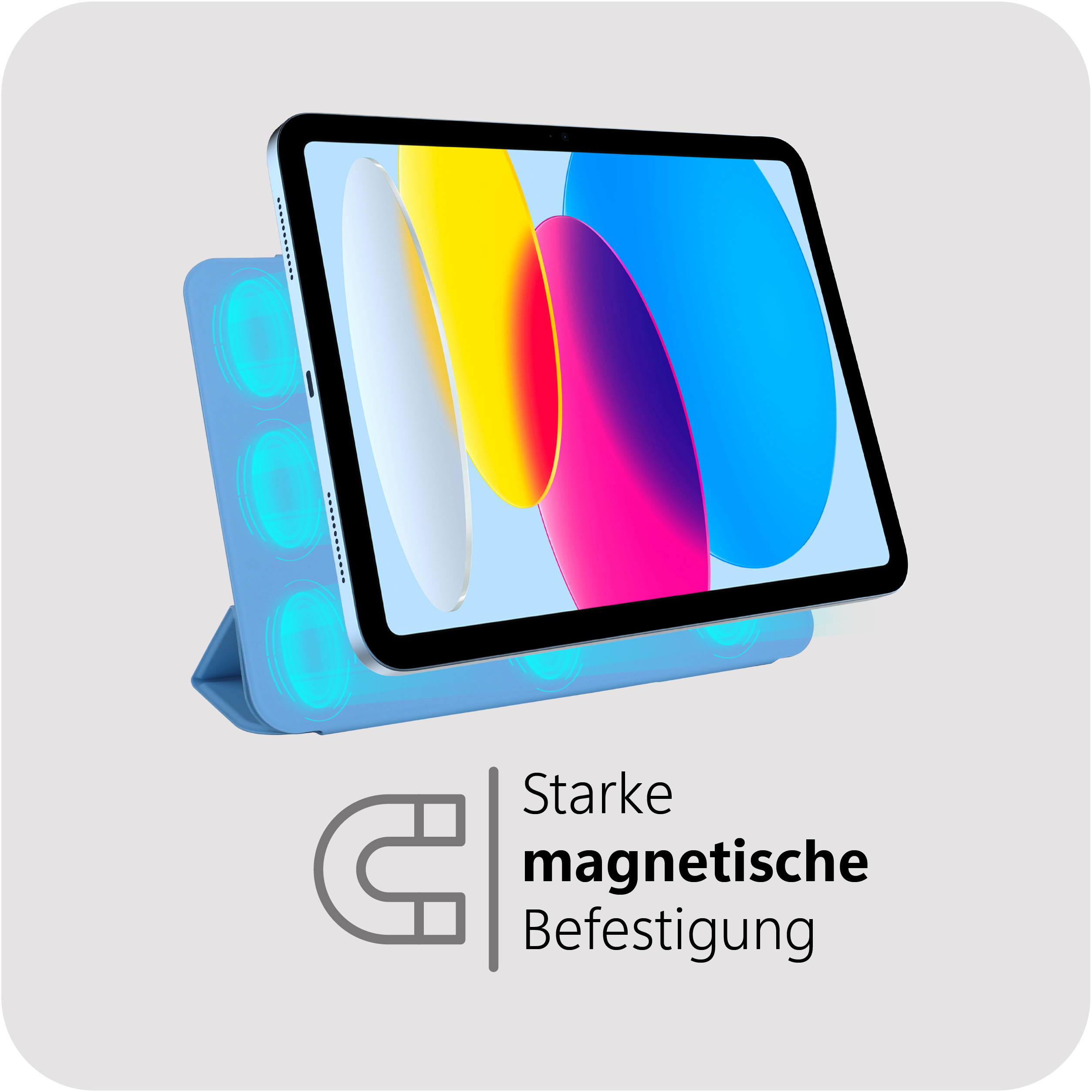 Tablet in hellblauem Gehäuse mit farbenfrohem Bildschirm. Der Text darunter lautet 'Starke magnetische Befestigung'.