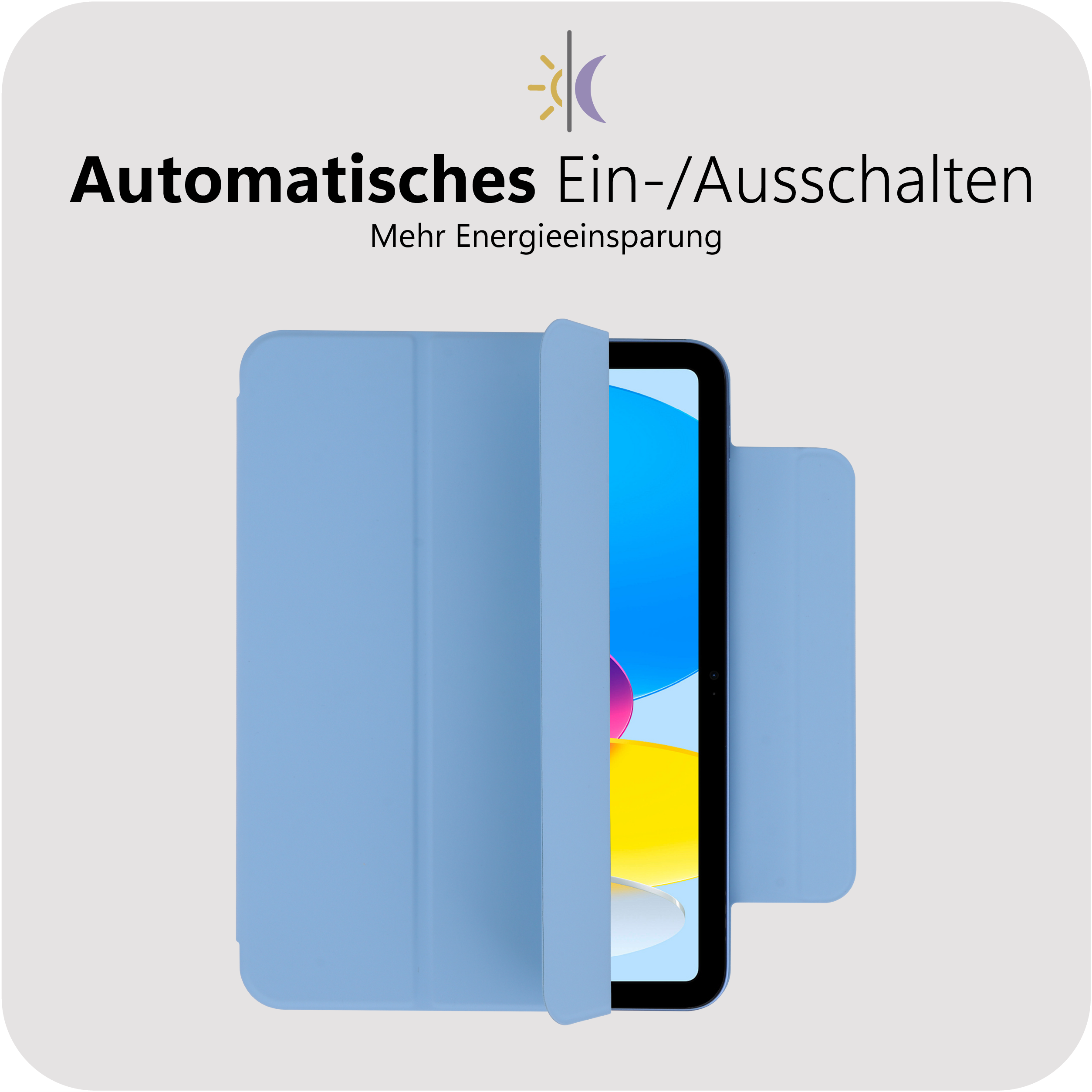 Ein Tablet mit hellblauer Hülle wird angezeigt. Die Hülle ist teilweise geöffnet. Oben auf dem Bildschirm ist Text auf Deutsch zu sehen.