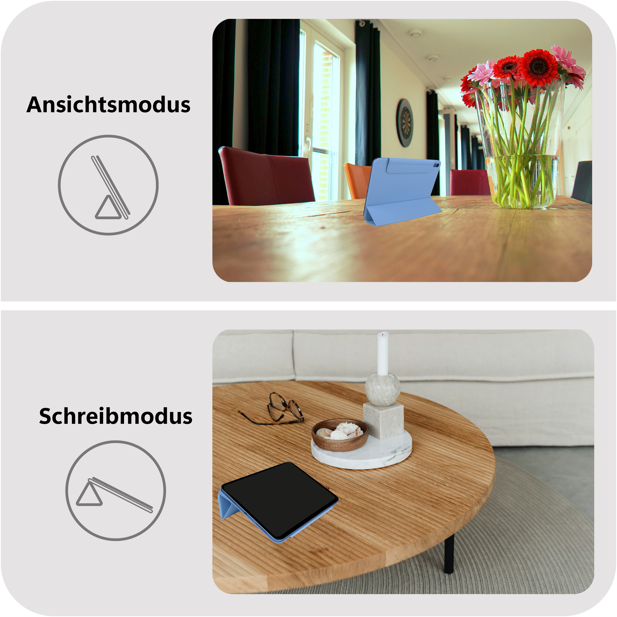 Das Bild zeigt ein Tablet im Ansichts- und Schreibmodus. Das erste zeigt einen Raum mit Tisch, Blumen und Tablet. Das zweite zeigt einen Tisch mit Tablet und Gläsern.