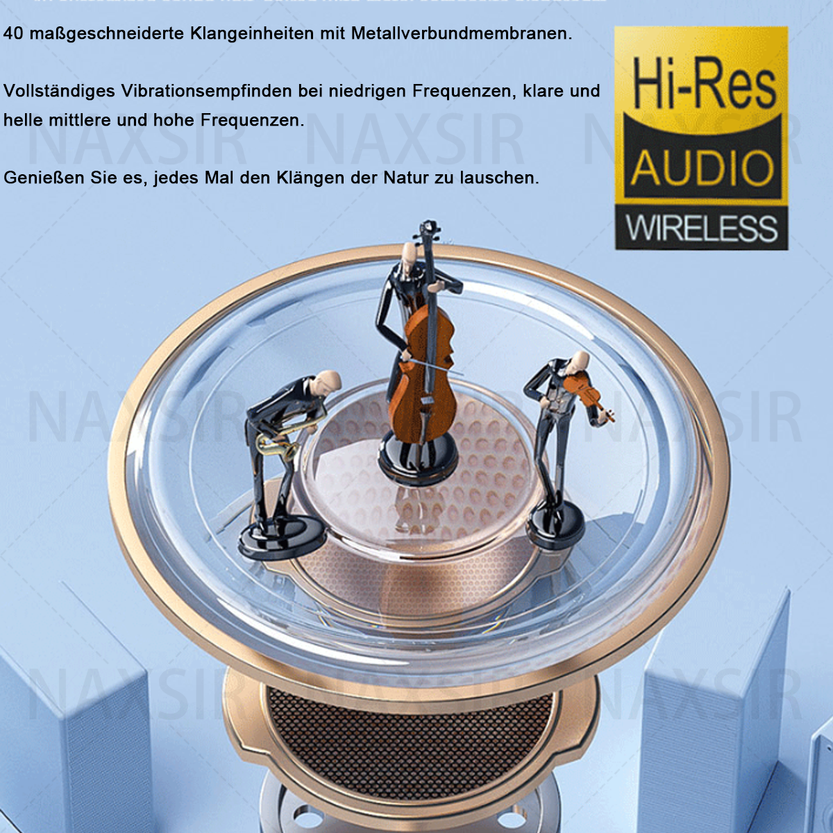 L'immagine mostra figurine di musicisti all'interno di un altoparlante. Un logo Hi-Res Audio Wireless è nell'angolo in alto a destra.