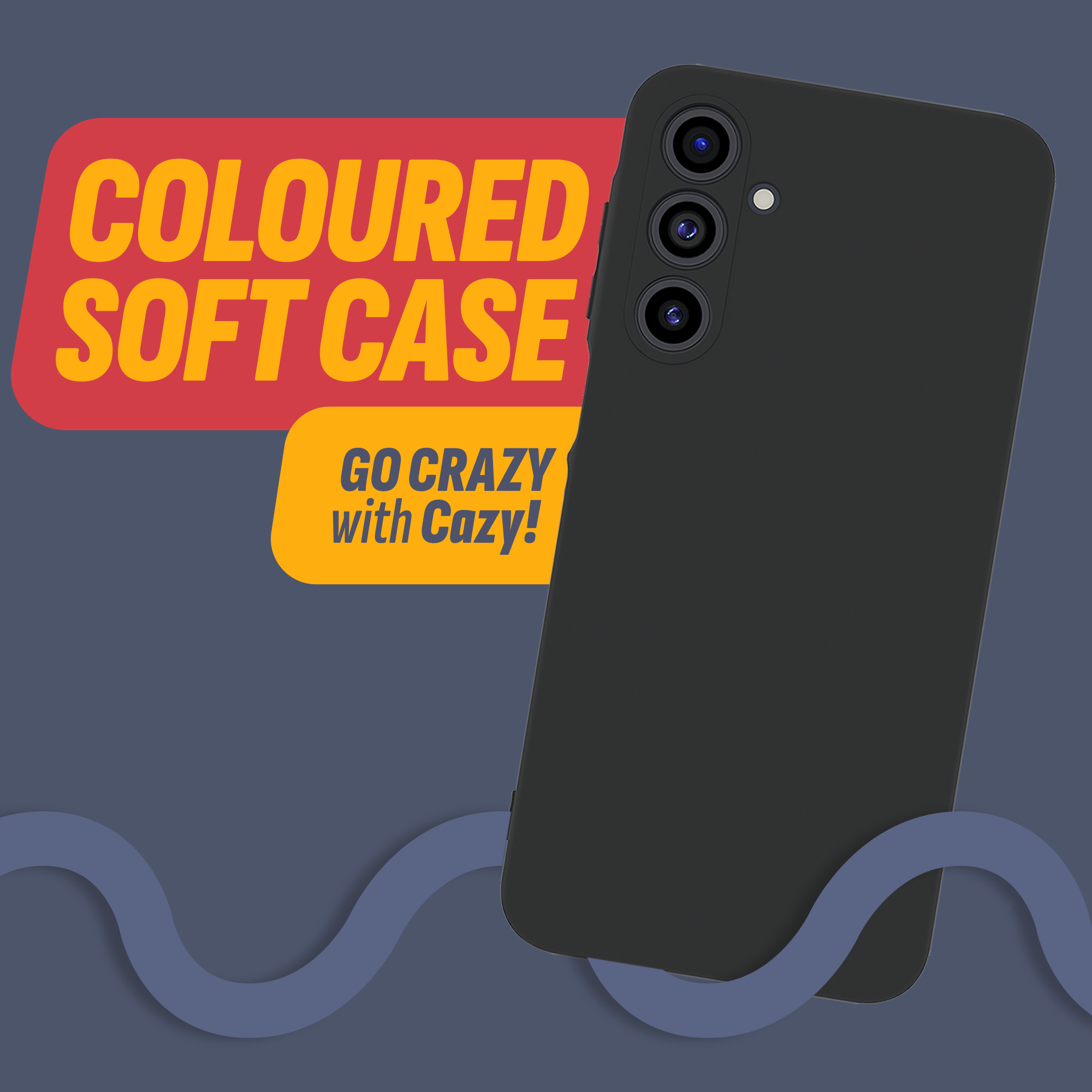 Eine schwarze Handyhülle mit drei Kameras. Der Text lautet 'COLOURED SOFT CASE' und 'GO CRAZY with Cazy!'.